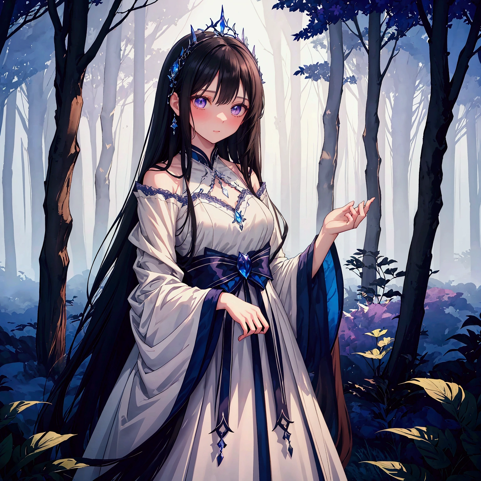 A slender woman with long, flowing black hair, standing at 160 cm tall, weighing 45 kg, with a petite chest. Her eyes are a soft, pale blue, giving her a mysterious and ethereal aura. She is depicted in a dreamlike, surreal setting with ethereal lighting. Her delicate features are finely detailed, and her expression is serene. The scene feels otherworldly, as if she is standing in a misty, enchanted forest under a twilight sky. The colors are soft, blending blues, purples, and silvery tones to enhance the fantastical atmosphere. The image is rendered in ultra-high quality, capturing every fine detail with stunning clarity.