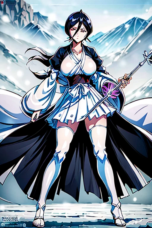 (Best Quality、masterpiece、Super A high resolution,{{{masterpiece}}},{{{Please redeem}}}, (Huge breasts:1.5), (Bent:1.5), (1 mature woman), (Kuchiki Rukia) 【Thousand-Year Blood War Arc】, One mature woman, Alone,Busty,Pure white hair, semi-long、The bangs in the middle extend diagonally downward to the left from the base of the nose。Ears hidden in hair, Strong lower body、Strong legs、whole bodyショット、Voluptuous body、Smell of erotic manga、Mature Woman、Plus size model、Thick thighs、Muscular thighs、Muscular calves、pubic hair、pubic hair、Big nipples、Large areola、豊かなpubic hair、太ったプラスサイズのMature Woman、,Beautiful clavicle、whole body、Open Mouth、White Gauntlet、Pure white medium hair、Distinctive bangs、Light purple eyes、Beautiful belly button、Bold cleavage、Beautiful white skin、White costume、White hakama and kimono、Hair ornament looks like thisIce crystal、(Kuchiki Rukia) 【BLEACH】Low-rise 、(Kuchiki Rukia) 【Captain of the 13th Division of the Gotei 13】 (Kuchiki Rukia) 【Thousand-Year Blood War Arc】Beautiful feet、(Kuchiki Rukia) 【Bankai：White Haze Canon】  ] (Kuchiki Rukia) [Zanpakuto：Snow White]、Eye shadow with professional detail ((White and crystal rosette dress Basque waist jumper skirt)))、((White and ice rosette dress Basque waist jumper skirt)),Mature Woman,Married Woman,Kuchiki Rukia) 【Bankai：White Haze Canon】  ] (Kuchiki Rukia) [Zanpakuto：Snow White](Kuchiki Rukia) 【BLEACH】【Snow White】Zanpakutoを持っている,【Snow White】Holding a sword,(clear pure white skin)(skin as clear as ice)(beautiful pure white body)(my whole body is frozen)(((Pure white skin of frozen ice and snow)))(Pure white skin of frozen ice and snow)