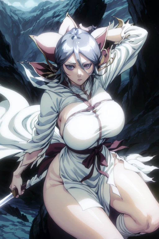 (Best Quality、masterpiece、Super A high resolution,{{{masterpiece}}},{{{Please redeem}}}, (Huge breasts:1.5), (Bent:1.5), (1 mature woman), (Kuchiki Rukia) 【Thousand-Year Blood War Arc】, One mature woman, Alone,Busty,Pure white hair, semi-long、The bangs in the middle extend diagonally downward to the left from the base of the nose。Ears hidden in hair, Strong lower body、Strong legs、whole bodyショット、Voluptuous body、Smell of erotic manga、Mature Woman、Plus size model、Thick thighs、Muscular thighs、Muscular calves、pubic hair、pubic hair、Big nipples、Large areola、豊かなpubic hair、太ったプラスサイズのMature Woman、,Beautiful clavicle、whole body、Open Mouth、White Gauntlet、Pure white medium hair、Distinctive bangs、Light purple eyes、Beautiful belly button、Bold cleavage、Beautiful white skin、White costume、White hakama and kimono、Hair ornament looks like thisIce crystal、(Kuchiki Rukia) 【BLEACH】Low-rise 、(Kuchiki Rukia) 【Captain of the 13th Division of the Gotei 13】 (Kuchiki Rukia) 【Thousand-Year Blood War Arc】Beautiful feet、(Kuchiki Rukia) 【Bankai：White Haze Canon】  ] (Kuchiki Rukia) [Zanpakuto：Snow White]、Eye shadow with professional detail (( white and crystal rosette dress basque waist jumper skirt holding a sword)))、((White and ice rosette dress Basque waist jumper skirt)),Mature Woman,Married Woman,Kuchiki Rukia) 【Bankai：White Haze Canon】  ] (Kuchiki Rukia) [Zanpakuto：Snow White](Kuchiki Rukia) 【BLEACH】【Snow White】Zanpakutoを持っている,【Snow White】Holding a sword,(clear pure white skin)(skin as clear as ice)(beautiful pure white body)(my whole body is frozen)(((Pure white skin of frozen ice and snow)))(Pure white skin of frozen ice and snow)