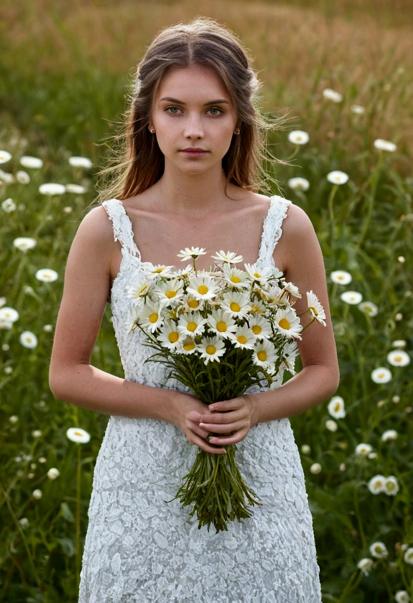 high quality, girl in an off-shoulder dress, collects daisies in the meadow into a bouquet