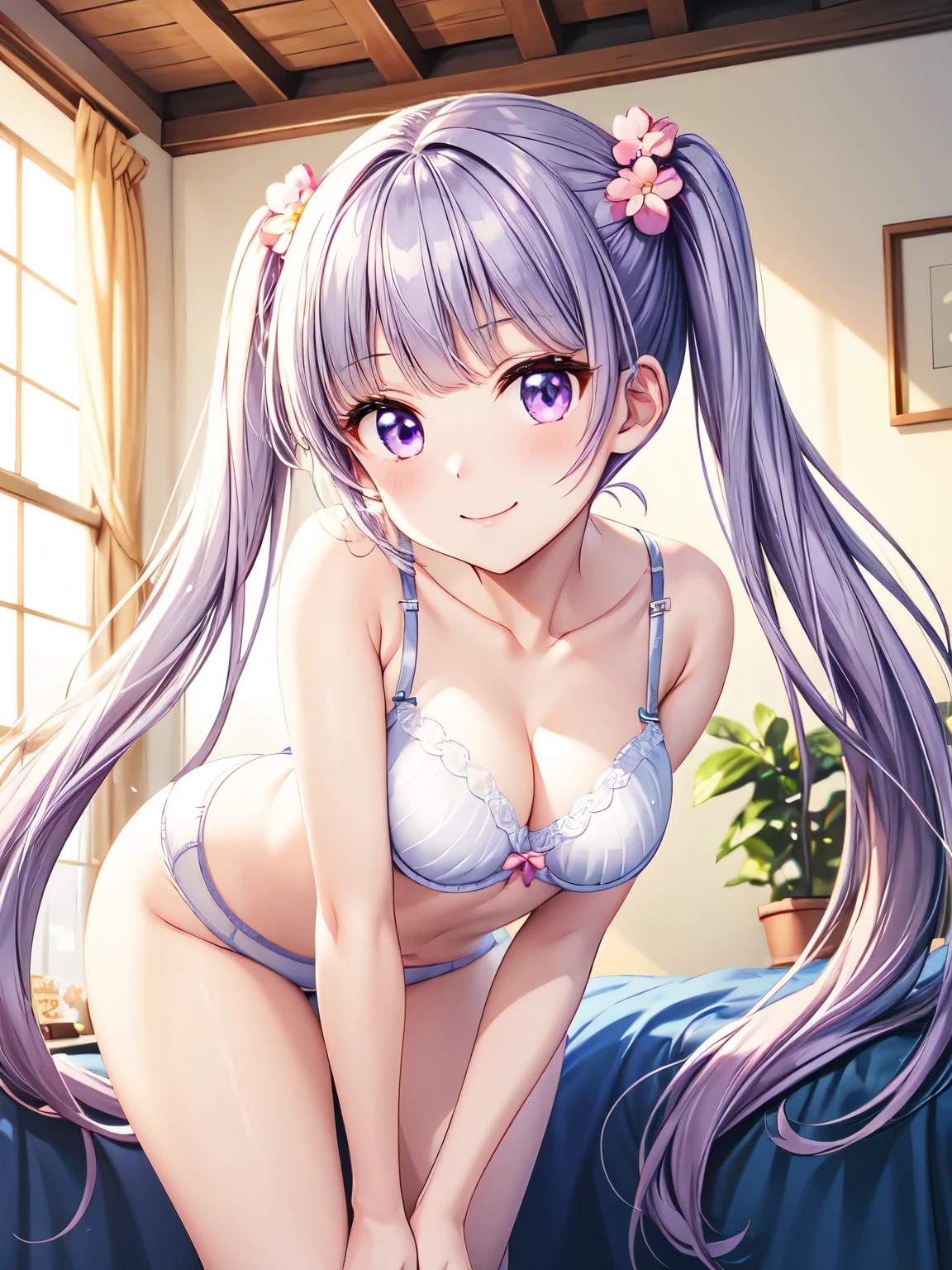 High resolution、Highest quality、smile、( anime illustration style :1.2), Aoba Suzu ,smile、Closed Mouth、Eyebrow, Hair accessories, Long Hair, twin tails、 (Purple eyes:1.1), Purple Hair、 shot from the front、indoor、bet、One Girl、solo、Hair accessories、Beautiful long hair、Attractive eyes、 (underwear、underwear:1.5),smile、(Perfect hands、Perfect Anatomy),4K. 8 K、 (Actual item、Genuine、写真Genuine:1.5)、 Beautiful thighs,(Leaning forward)