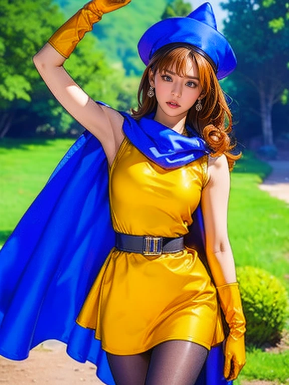 1 girl,Alone,DQ4-Arena,Upper Body,Black pantyhose,Blue Cape,Blue hat,boots,Curly Hair,Earrings,Long Hair,Orange gloves,orange hair,Red eyes,Sleeveless,Yellow Dress,Yellow Skirt, dynamic pose ,Small breasts,(Shiny,Shiny dress:1.1)Jump,V-shaped eyebrows,Good weather in the forest, (masterpiece), (Best Quality), (Super detailed), Intricately detailed masterpiece), (Best Quality), (Super detailed), Intricate details,