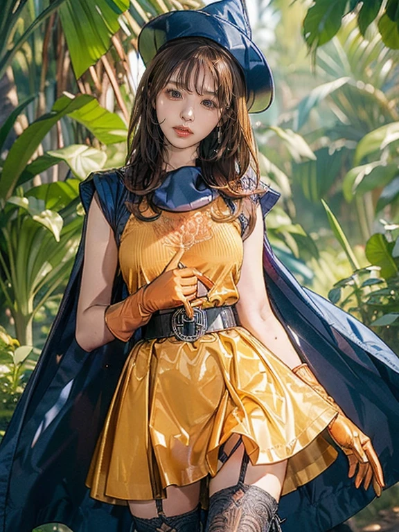 1 girl,Alone,DQ4-Arena,Upper Body,Black pantyhose,Blue Cape,Blue hat,boots,Curly Hair,Earrings,Long Hair,Orange gloves,orange hair,Red eyes,Sleeveless,Yellow Dress,Yellow Skirt, dynamic pose ,Small breasts,(Shiny,Shiny dress:1.1)Jump,V-shaped eyebrows,Good weather in the forest, (masterpiece), (Best Quality), (Super detailed), Intricately detailed masterpiece), (Best Quality), (Super detailed), Intricate details,