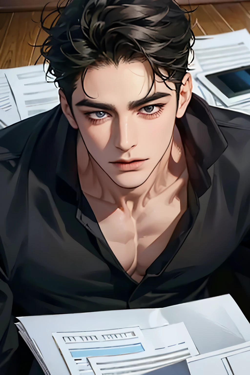1boy, best quality, detailed face, detailed eyes, dark-skinned male, black hair, medium hair, red eyes, serious, black shirt, short sleeves, muscular male, indoors