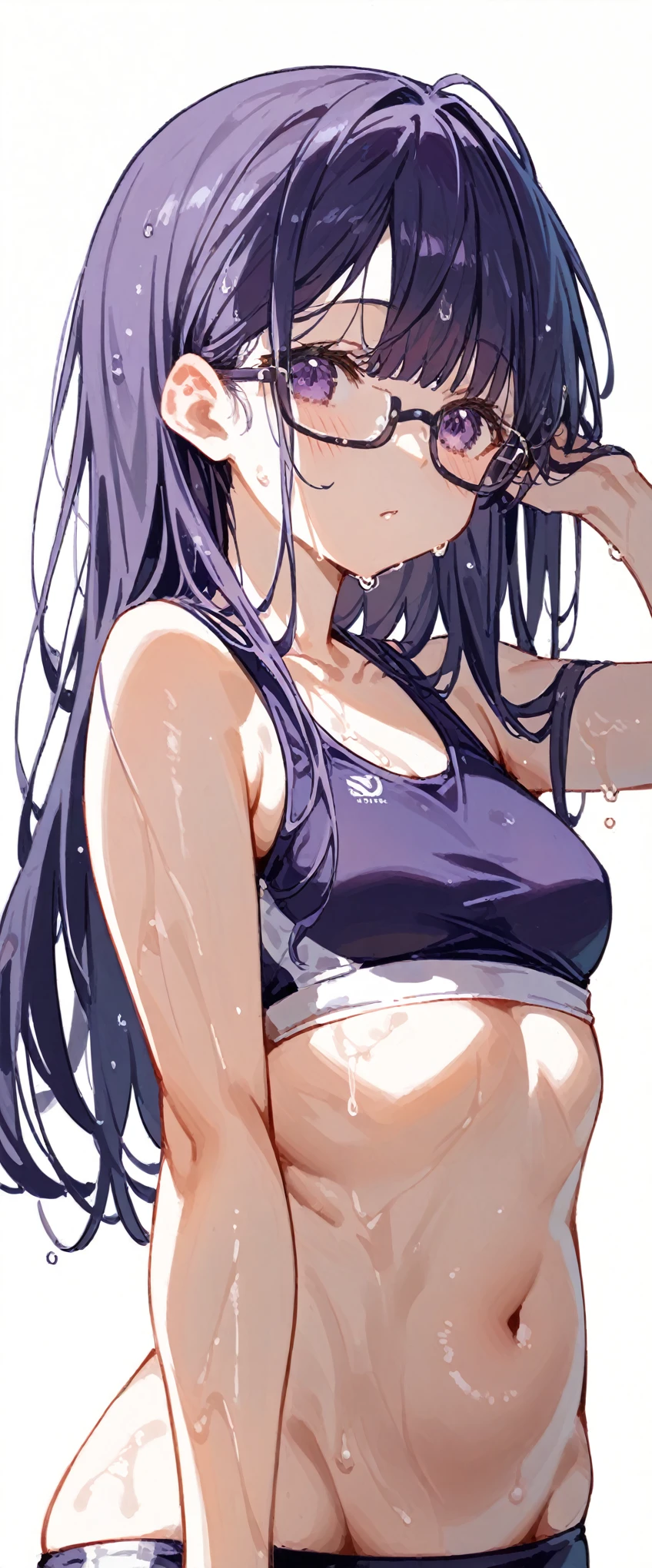 (((White background)))(High resolutionの傑作, 超High resolution, high detailed, High resolutionモデル, Best Quality:1.2),White skin,Oily, Sweaty skin, Highlight color hairstyle,Inner Color, Behind the ear,Straight Bangs,Wet Hair, Diagonal bangs, Cookhold Subjective(masterpiece:1.5), Super detaileded, High resolution, 8k, 美しい輝くPurple eyes、detailed, 1 cute girl, Girl wearing glasses with long, straight hair and shiny dark purple hair, Purple eyes,Small breasts,Sports Bra,Training at the gym