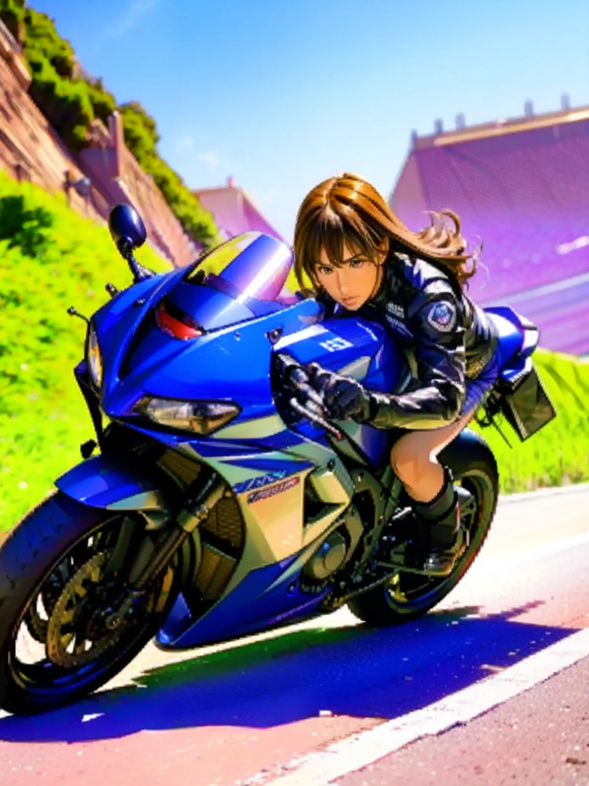 Arafed female Kamen Rider riding a large 1300cc motorcycle on a track, Motorsports Photography, Panning Shot, Motorsports Photography, Makoto Takahashi, Fan art, Jerez, Lorenzo Lanfranconi, Portrait of jerma985, hero, stephan, You Vera, dynamic action shot,, AKIRA