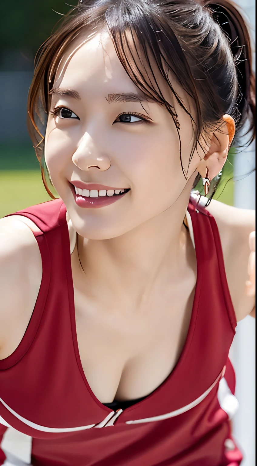 (Athletics Ground)、Earrings、(Track and field uniform)、short hair、They hesitate,、Wet Hair, Underarm,, (High color saturation:1.0), (Very detailed肌), (Please redeem:1.0), (Ultra-high resolution:1.0) ,(Realistic:1.0), (Very detailed:1.0), (8k, RAW Photos:1.1)、Center of chest、Yoshizuki Iori、(Front View)、Brown Hair、slender、、ponytail、(Bend forward、Cleavage)、Big Breasts