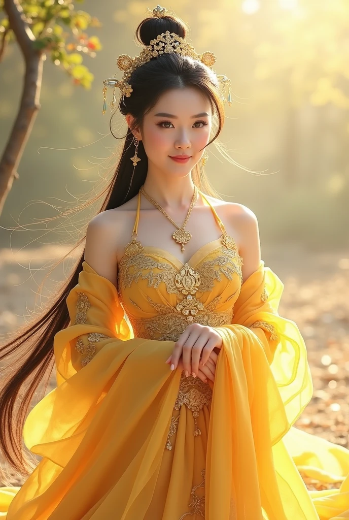 （masterpiece:1.3),(best quality:1.4),(actual:1a.4）,yellow palace, Royal Garden , Chinese Nine-Tailed Fox ,White Sea View , long hair shawl, Forehead Pattern ,jewelry, Big breasts, Wearing Light Purple Song Full Waist Set,summer,Hanfu