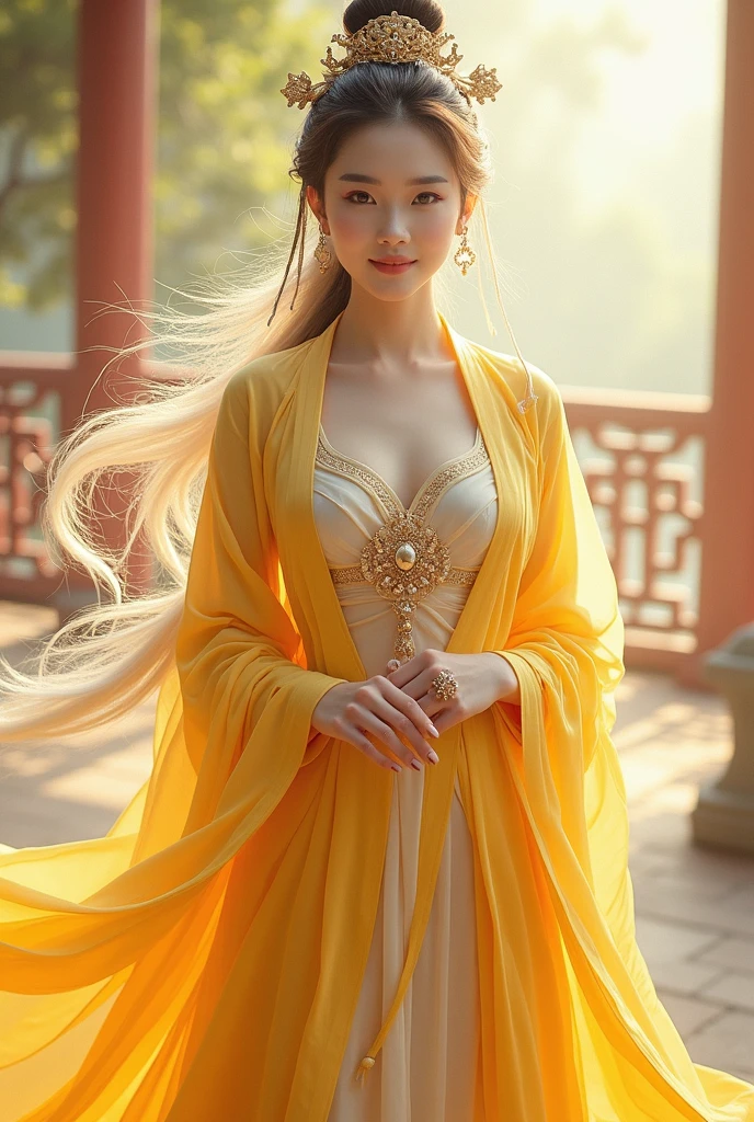 （masterpiece:1.3),(best quality:1.4),(actual:1a.4）,yellow palace, Royal Garden , Chinese Nine-Tailed Fox ,White Sea View , long hair shawl, Forehead Pattern ,jewelry, Big breasts, Wearing Light Purple Song Full Waist Set,summer,Hanfu