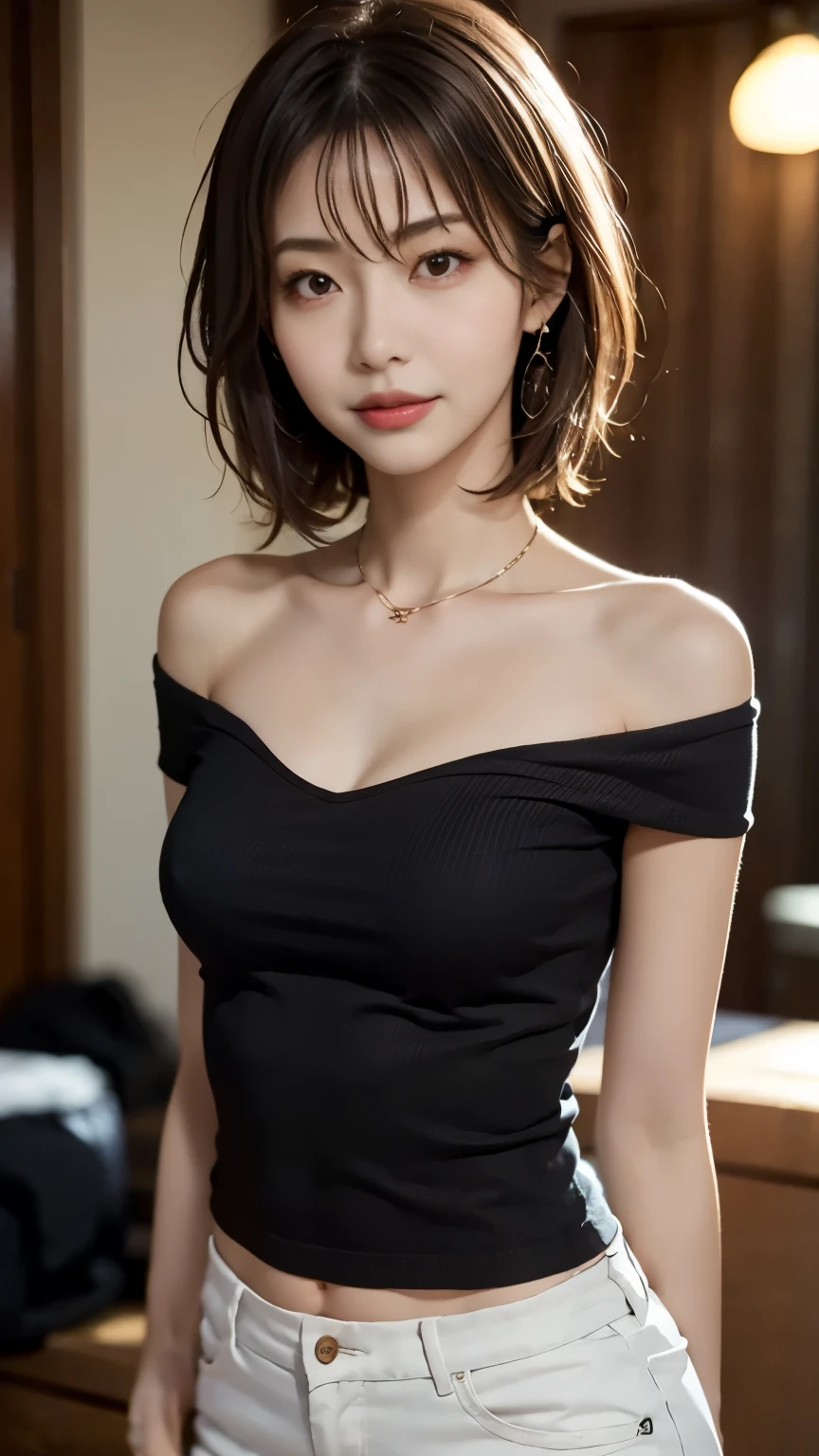 of Misaki,Small breasts,30 year old mature woman、Small Face、skinny black top:1.2, Watch the audience, Cinema Lighting, perfection, , High resolution skin:1.2, Realistic skin texture, Realistic Face, Off the shoulder,B Cup、 Exposed deep chest, Red eyes, short hair, Dark Brown Hair