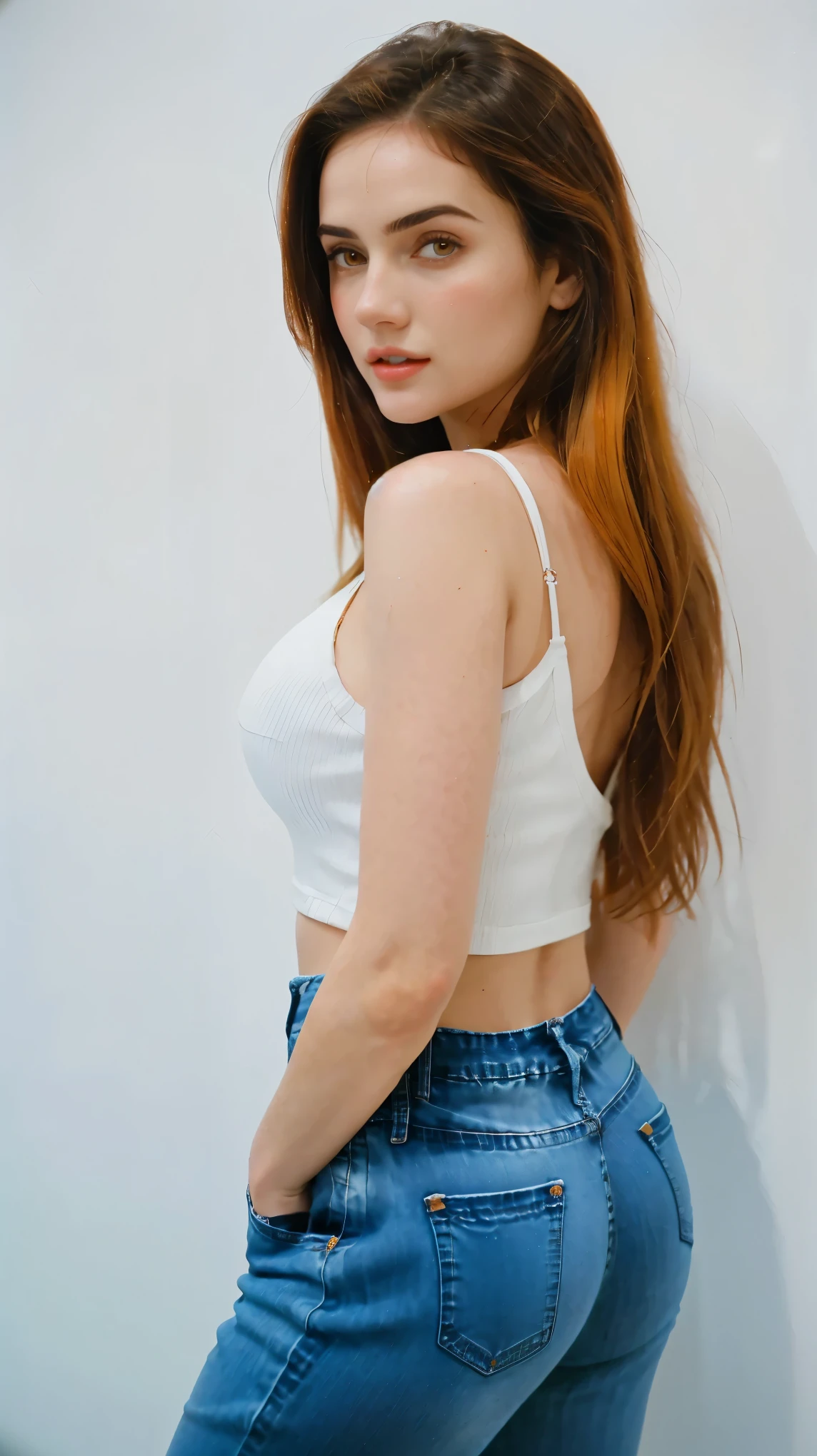 Young woman in sky blue brasier and blue jeans standing on the floor, seductive lady, very seductive pose, scantily clad, beautiful figure, Nami, NamiV2, standing, slim blue jean, stunning attractive figure, beautiful photo of sexy woman, looking seductively in front,orange hair, Nami from One Piece, 18 years old, big breasts, Beautiful white girl, Nami, model, IG model, natural beauty, natural orange hair, standing on the floor, 18 years old, perfect skin, beautiful young girl, Nami, 1 girl, long hair, orange hair, unique, hazel eyes, 18 years old, white skin, natural makeup, Nami, big chest, chest perfect, big breasts, big breasts, Nami from One Piece, seductive, sky blue brasier and blue jean pants, perfect, seductive, Nami, looking at the camera, happy, lovely, really big breasts, big tits, big breast, perfect eyes, ultra realistic 8K CG, masterpiece, ((white background, delicate pattern, intricate details)), (highly detailed, fine details), best quality, 1 girl, big breasts ), 18 years old, white skin, feminine, charming, Nami from one piece, perfect body, perfect body, standing on the floor, A close-up of a woman wearing a blue sky brasier, blue jean pants, orange hair, Nami, Beautiful figure, very seductive pose, sexy, sweet girl, sky blue brasier, white skin, Nami, perfect eyes, very white skin, in front of a white wall, too white girl, very white girl, nami, ultra high quality, 18 year old girl, wearing blue jean pants, sky blue bra, small nose, hazel eyes, blue light brasier, big breast, natural makeup, beautiful eyes, very white skin, beautiful and perfect eyes, JenniferConnelly90s, natural ilumination, too white skin, (close-up, editorial photograph of a 18 year old woman), (highly detailed face:1.4) (smile:0.7) (background white, moody, private study:1.3) POV, by lee jeffries, nikon d850, film stock photograph ,4 kodak portra 400 ,camera f1.6 lens ,rich colors, hyper realistic ,lifelike texture, natural lighting , cinestill 800, orange hair, slim girl