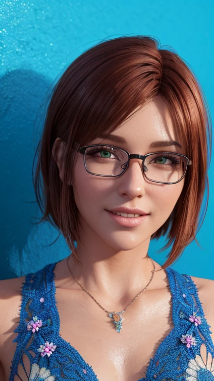 portrait, close-up, upper body. Short, red hair, green eyes, submissive capture , glasses with metal frames, green mini top, joyful smile, submissive girl . (masterpiece, high quality, best quality, official art, beautiful and aesthetically pleasing:1.2), extremely detailed,(fractal art:1.2),Colorful,The most detailed, (dynamic pose), (blue background:1.5), (many flowers:1.4). ((split. leather texture, shiny skin. elegance. photorealism. unreal engine. 3D model.  Ultra high quality textures. high detail. resolution 8k))