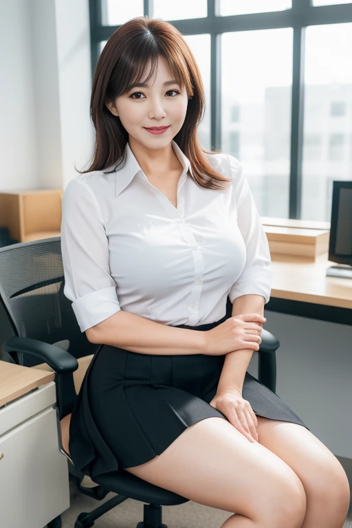 (Natural background), masterpiece, highest quality, shape, Very detailed, finely, High resolution, 8k wallpaper, 完璧なダイナミックな構shape, finelyて美しい目, Big Breasts, Natural color lip, Random pose, smile, ((office)), Beautiful 35 year old woman, Full Body Shot, ((working office uniform)), (dark), Thinking Ahead, Sit on a chair