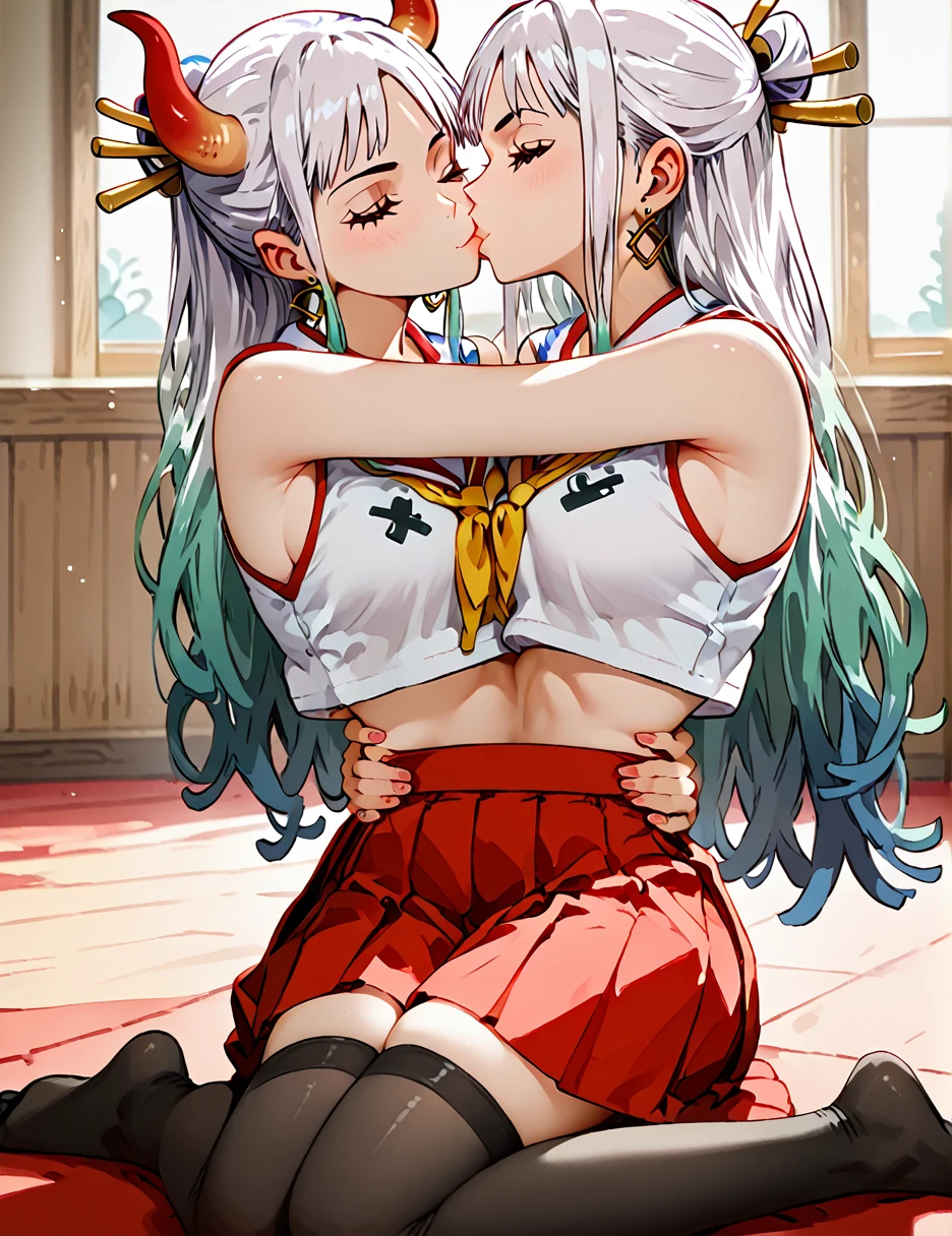 score_9, score_8_up, source_anime, yamato (one piece), red skirt, crop top, pleated skirt, earrings, black thighhighs, yellow neckerchief, (two torsos:1.3), 2girls, holding waist, kiss, eyes closed, hug, on knees, on floor, sitting