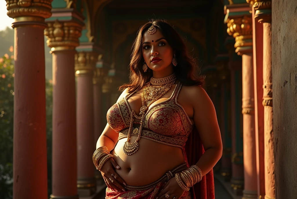 A beautiful Indian goddess standing nude, wearing only jwellery, big boobs, fair skin, chubby, sexy, surrounded by bunch of black old beggars,