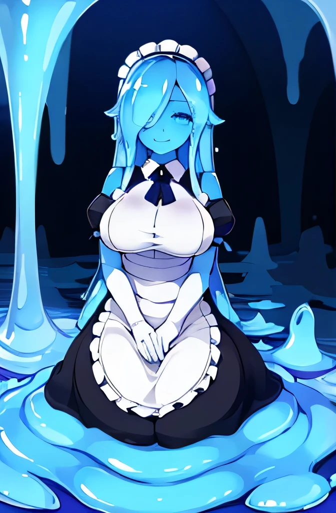  ((masterpiece,best quality,ultra-delicate,Perfect Face,16k,very detailed eyes,high resolution,very beautiful girl)),blue slime girl,high viscosity blue slime body,black and white maid dress:1.5,large breasts,,smile,blue slimy caves,melting legs,transparent,long hair,upper body shot