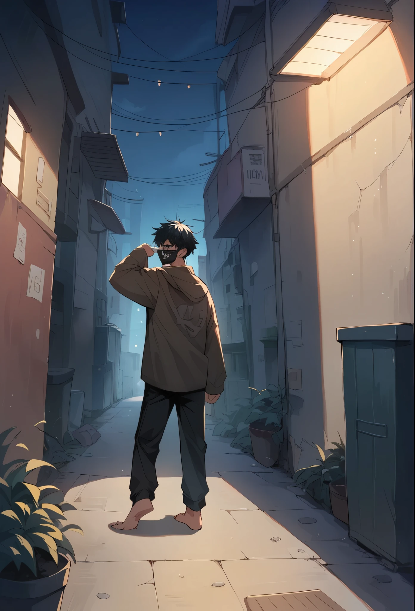 One man,High resolution, Black Hair, mask, Smiling with teeth showing, Feet out of frame, Anime Style, Back Alley,night
