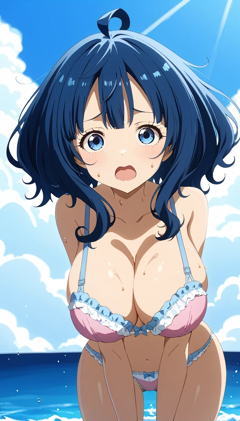 Score_9, Score_8_up, Score_7_up, source_anime, annayanami, annayanami, medium hair, blue eyes, ahoge, blue hair, large breasts, bra, pink bra, laced bra, frilled bra, shoulderless, pink panties, lace panties, dynamic, sweat, steam, clear weather, sea, over-knees high socks, from front, solo, looking viewer, best quality, ultra-detailed, high resolution, 8K, motion line breast, motion line body, sense of movement, detailed underwear,