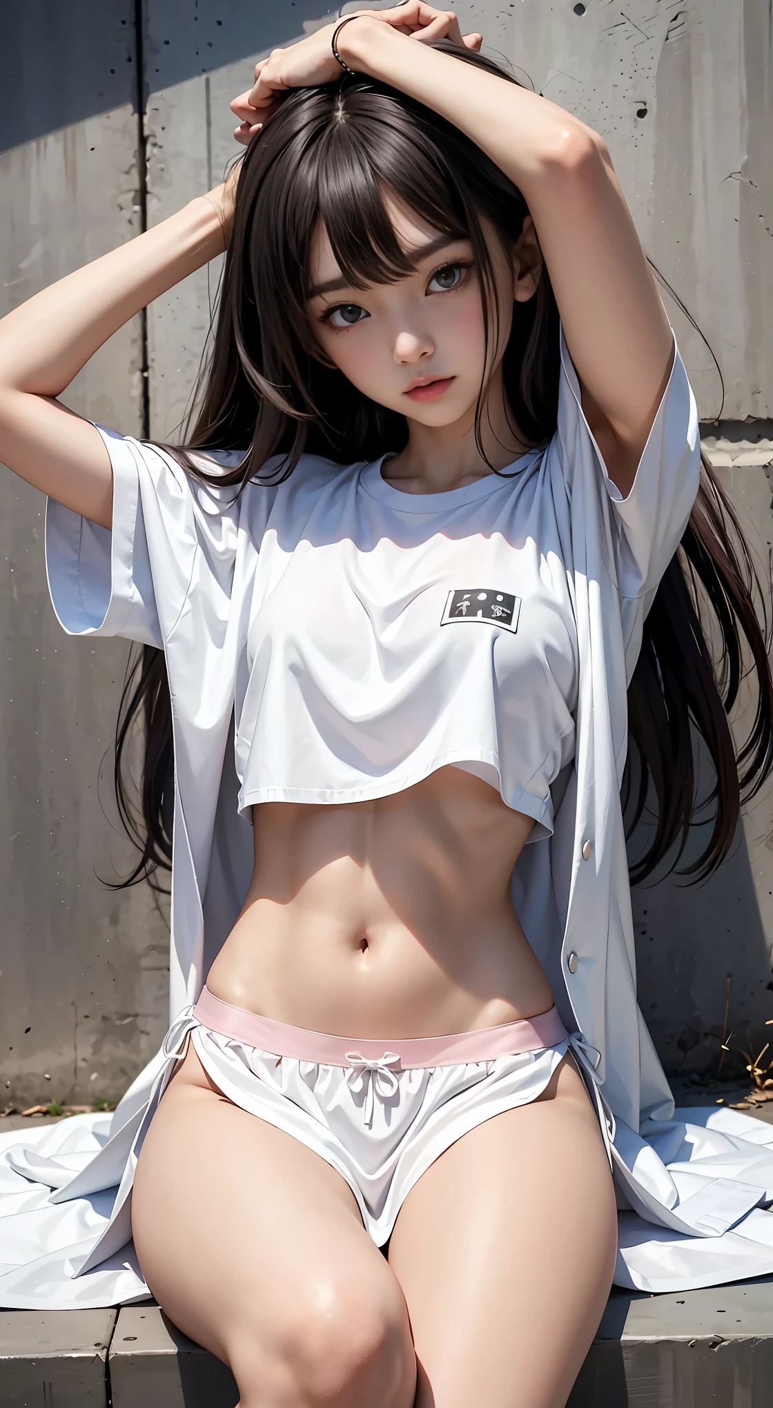 The woman in this photo is a young East Asian woman，Has long straight hair and dark brown hair，Fair skin。She is wearing a white T-shirt，Tie a knot in the abdomen，Showing a flat stomach and part of the breasts。Her breasts are small to medium sized。She also wore white knee-high socks with a subtle pattern and light pink panties。She had a white cloth tied around her mouth.，Blocked her mouth。Her arms were tied above her head with a white cloth.，The wrists were tied together with a thin rope。The woman sat cross-legged on the concrete floor，Looking at the camera with a slightly distressed expression。