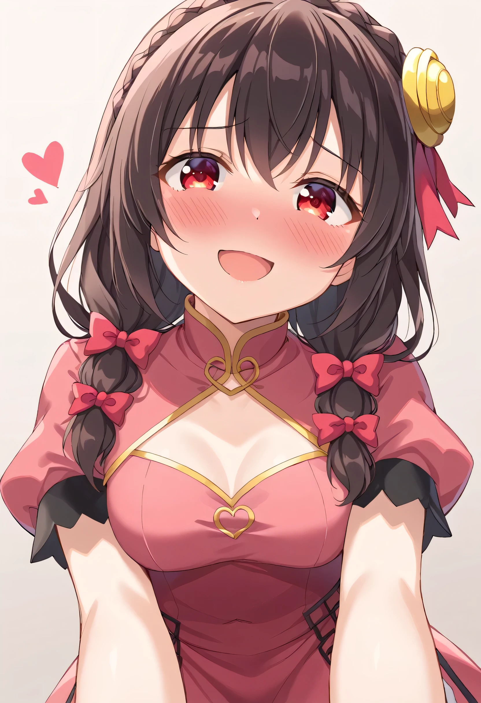 yunyun、masterpiece,Best Quality, High resolution,One person, Yunyun、My name is Yunyun, Crown braids in the same color as your hair, Black Hair、Red eyes、Hair Accessories, Hair Ribbon, Red Chinese Dress, (The chest is large)、(A shy smile:1.4)、(blush:1.4)、indoor、♥、heart、(Mouth open)、Leaning forward、(View from below)、Focus on the chest、(upper body:1.2)