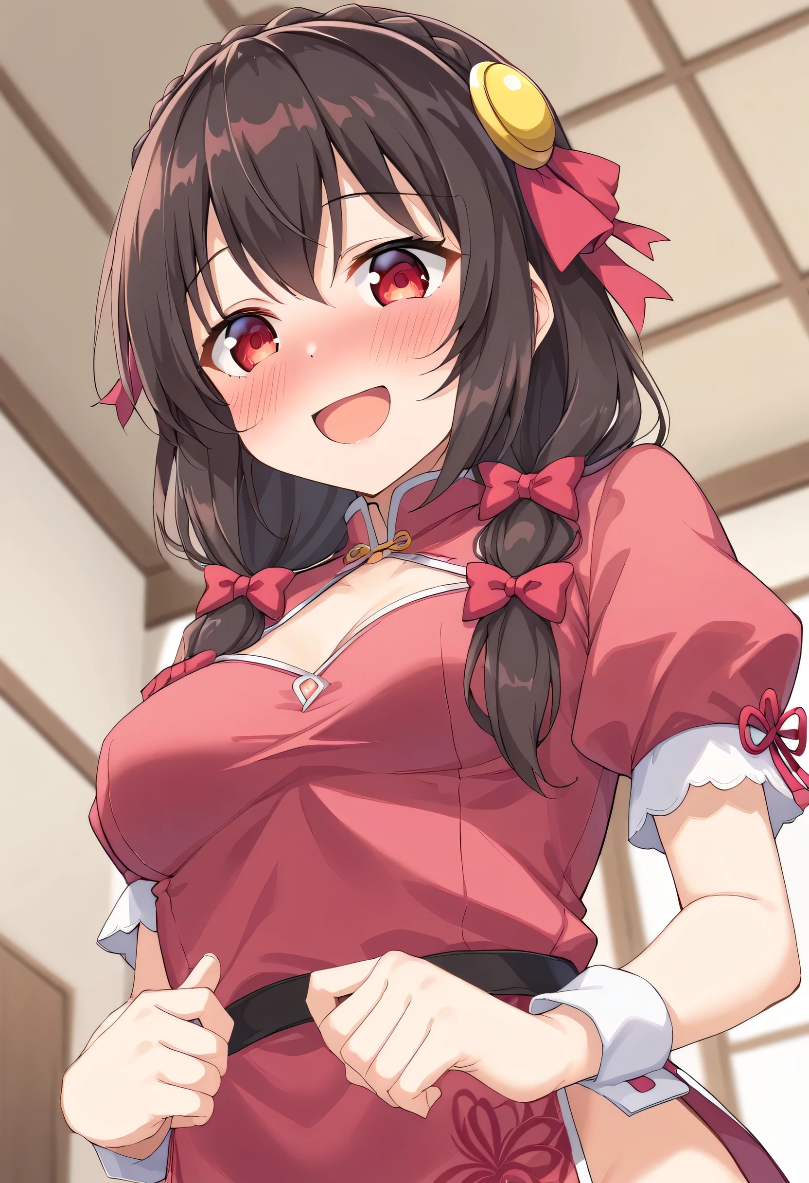 yunyun、masterpiece,Best Quality, High resolution,One person, Yunyun、My name is Yunyun, Crown braids in the same color as your hair, Black Hair、Red eyes、Hair Accessories, Hair Ribbon, Red Chinese Dress, (The chest is large)、(A shy smile:1.4)、(blush:1.4)、indoor、♥、heart、(Mouth open)、Leaning forward、(View from below)、Focus on the chest、(upper body:1.2)