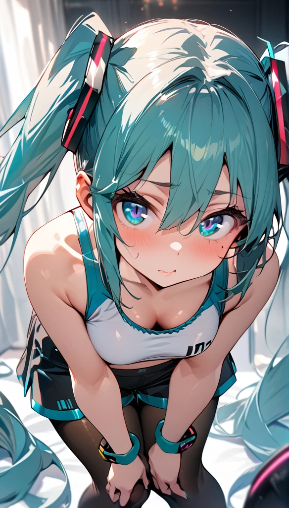 (masterpiece), (Best quality), Very detailed, HDR, 1 Girl, Single focus, Skin Indentation,Sports Bra，shorts，Pantyhose， Perfect face, Round cheeks,  pretty face , Big eyes, Puffy eyes, Perfect eyes, eyelash，Hatsune Miku，Very detailed face，