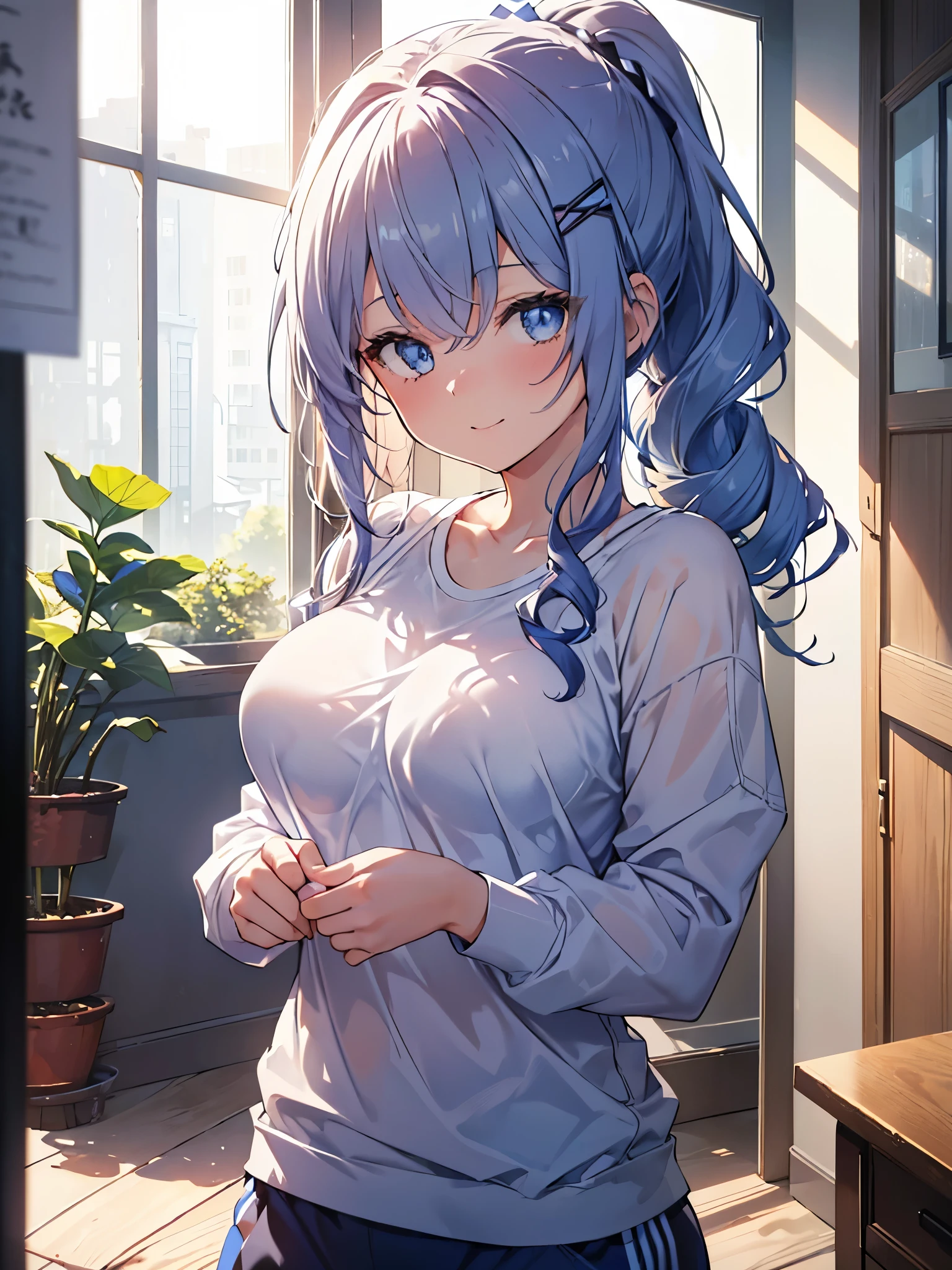 One Girl, Curly Ponytail, smile, blue eyes, Peek into,Wear sportswear, (entrance）, (（morning）), masterpiece, 8k, Perfect lighting, The perfect outfit, Perfect Anatomy, Sharp resolution, Shallow depth of field, Soft Shadows, Casual and relaxed atmosphere, Natural light pours in, Hair clip, Beautiful breasts
