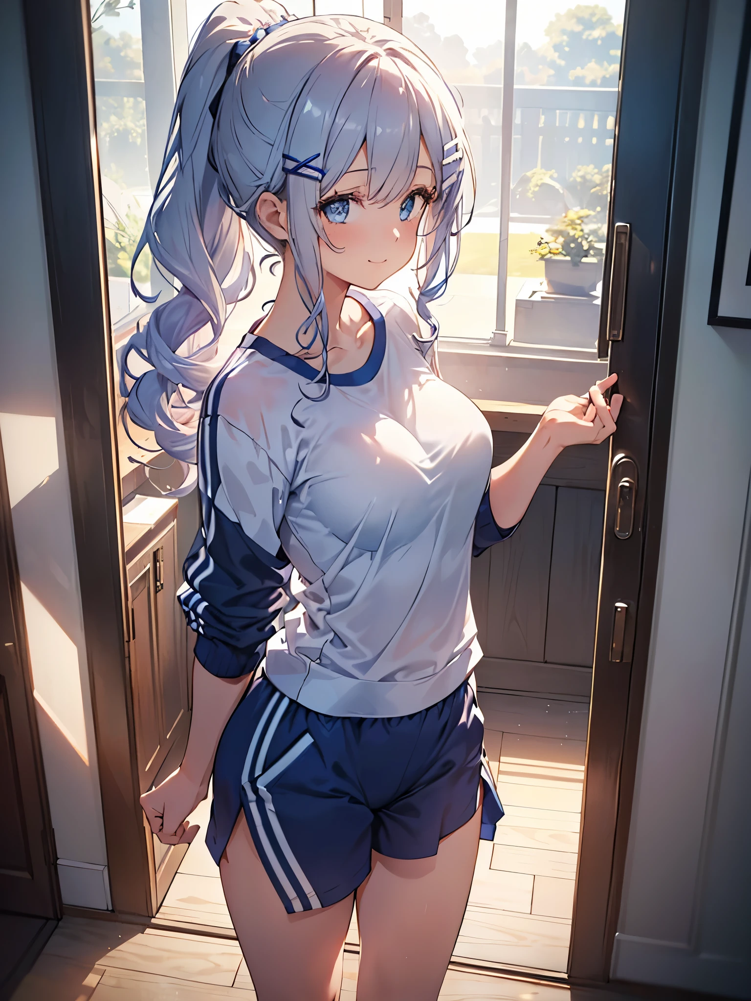 One Girl, Curly Ponytail, smile, blue eyes, Peek into,Wear sportswear, (entrance）, (（morning）), masterpiece, 8k, Perfect lighting, The perfect outfit, Perfect Anatomy, Sharp resolution, Shallow depth of field, Soft Shadows, Casual and relaxed atmosphere, Natural light pours in, Hair clip, Beautiful breasts
