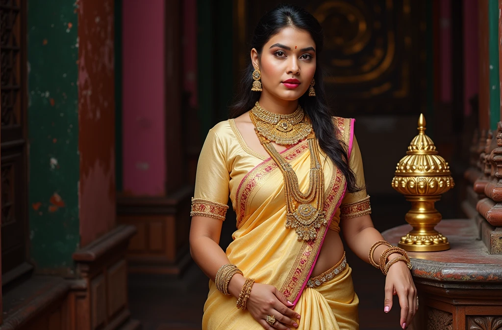 Nazriya Nazim as a gorgeous South Indian Empress wearing ((Kasavu Saree)); ((ultra glossy lips)); ((Traditional South Indian Makeup)); ultrarealistic skin, ultrarealistic face; ultrarealistic body; ((ultrarealistic gold ornaments)); ((Colossal tits)); ((overflowing Colossal breasts)); fully nude; coin slot pussy; detailed pussy; high resolution; detailed skin; ultra detailed eyes; ultra detailed face; ultra detailed lips; 4k resolution; both eyes are similar, heavily oiled shiny skin, sexy seductive pose, standing; looking at viewer, facing camera; full body photograph, DSLR photo; HDR, super-resolution, maximum clarity and sharpness, rule of thirds, 8k raw, reflections, sharp focus