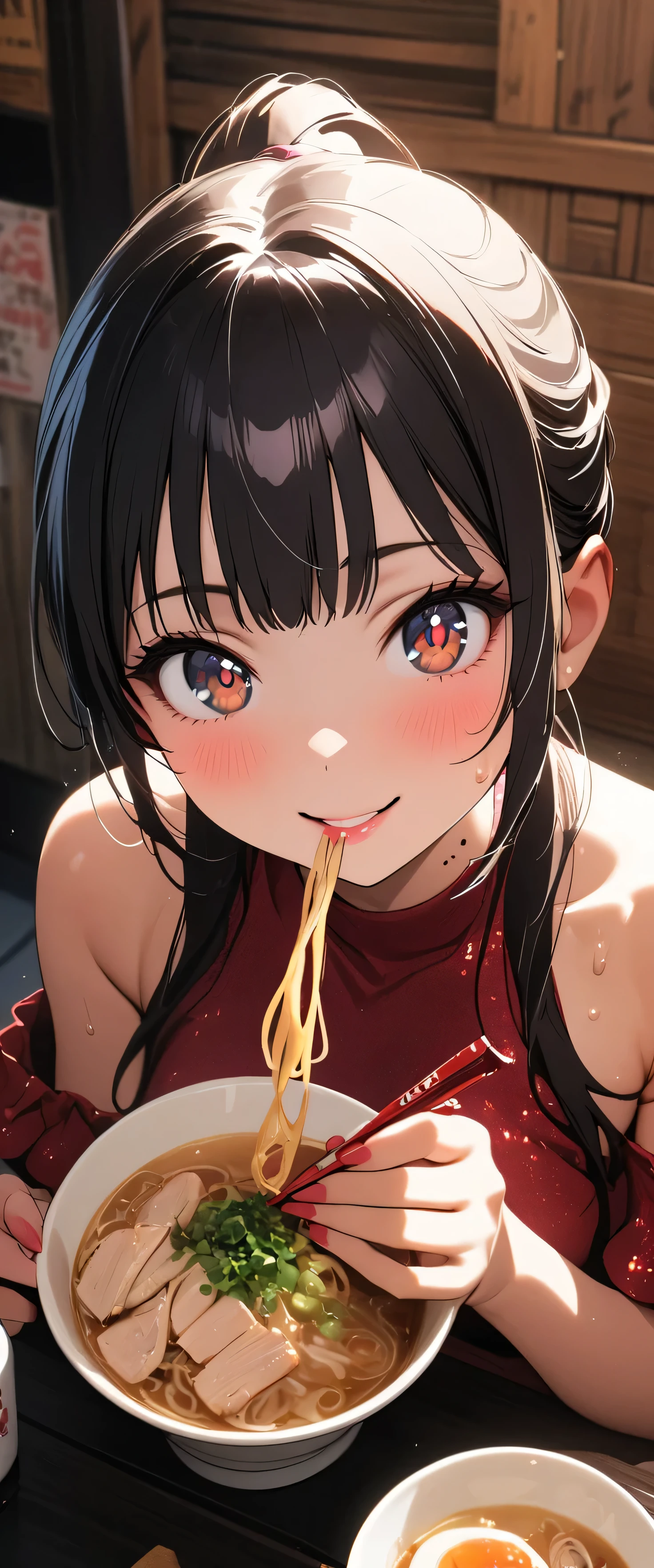 (beautiful girl: 1.3),masterpiece,Please redeem,Ultra-high resolution,Rich contrast,Very high quality,8k,Highly detailed CG unit wallpaper,Texture,So ridiculous,RAW Photos,Please redeem anime,Depth of written boundary 1.2,ultra-detailed eyes,Glowing Skin,Glitter Effect,Beautiful glossy lips,Yamada Anna,dark blue hair,brown eyes,long hair,sidelocks,mole on neck,A mother,clothes writing,Ramen shop,(sweat),Eat ramen,(ponytail),jirou,smile,chopsticks.(From above)