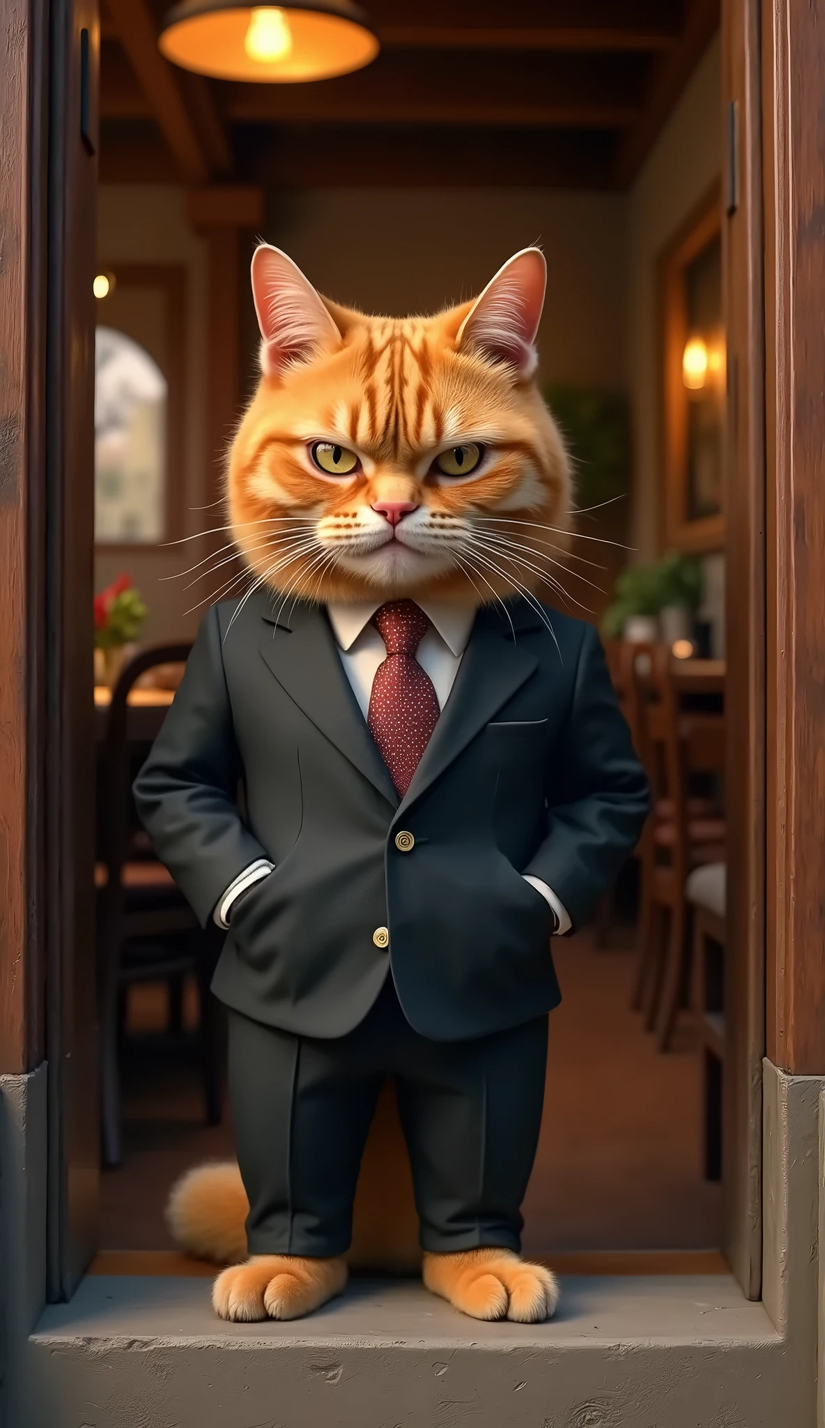 fat business cat with a glass of whiskey, bottle says "cat whiskey"