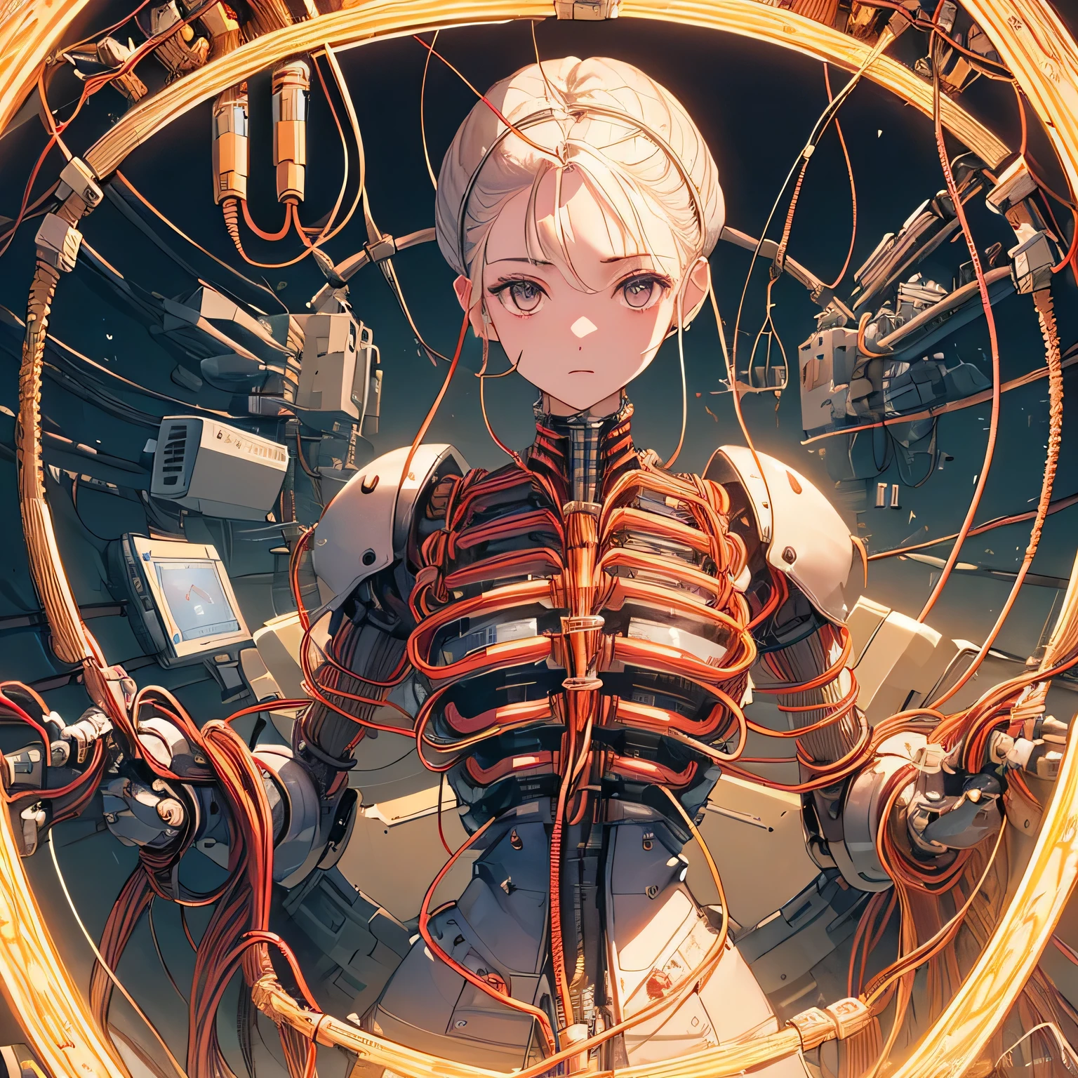 (((masterpiece))), (((best quality))), ((ultra-detailed)), (highly detailed CG illustration), ((an extremely delicate and beautiful)),(cute delicate face),cinematic light,((1mechanical girl)),solo,full body,(machine made joints:1.4),((machanical limbs)),(blood vessels connected to tubes),((mechanical vertebra attaching to back)),((mechanical cervial attaching to neck)),((powerless to fall down on the floor)),expressionless,(wires and cables attaching to head and body:1.5),(character focus),science fiction, white hair , perfect eyes ,((potrait)),((surrounded by many dead body android))((wearing white kimono))