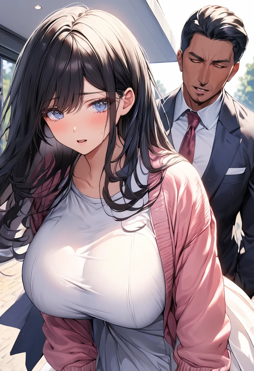 nsfw,hyperrealistic smooth anime,adult curvy gyaru,tanned gyaru,(young casual boy holding woman in arm and grabbing her breast from behind),dark brown hair,earring,off-the -shoulder plain blouse,patterned short skirt,(aroused and suffering),at train,in heat,look at man,,sweaty