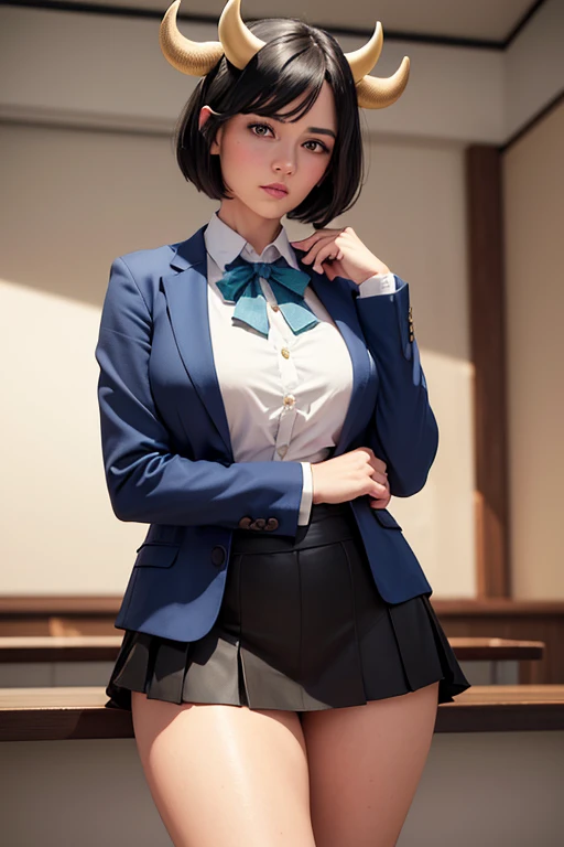 a beautiful woman with cow-like features, short black hair in a hime cut style, small cow horns, cow ears, green eyes, full lips, round face, wearing a blue blazer with a white shirt underneath, a knee-length blue skirt, academic professor attire, large breasts, wide hips, thick thighs, an expressive bovine tail, tanned skin tone, a mature cowgirl figure, set in a college classroom background, (best quality,4k,8k,highres,masterpiece:1.2),ultra-detailed,(realistic,photorealistic,photo-realistic:1.37),highly detailed face, extremely detailed eyes and face, longeyelashes, intricate textures, vivid colors, cinematic lighting, elegant composition