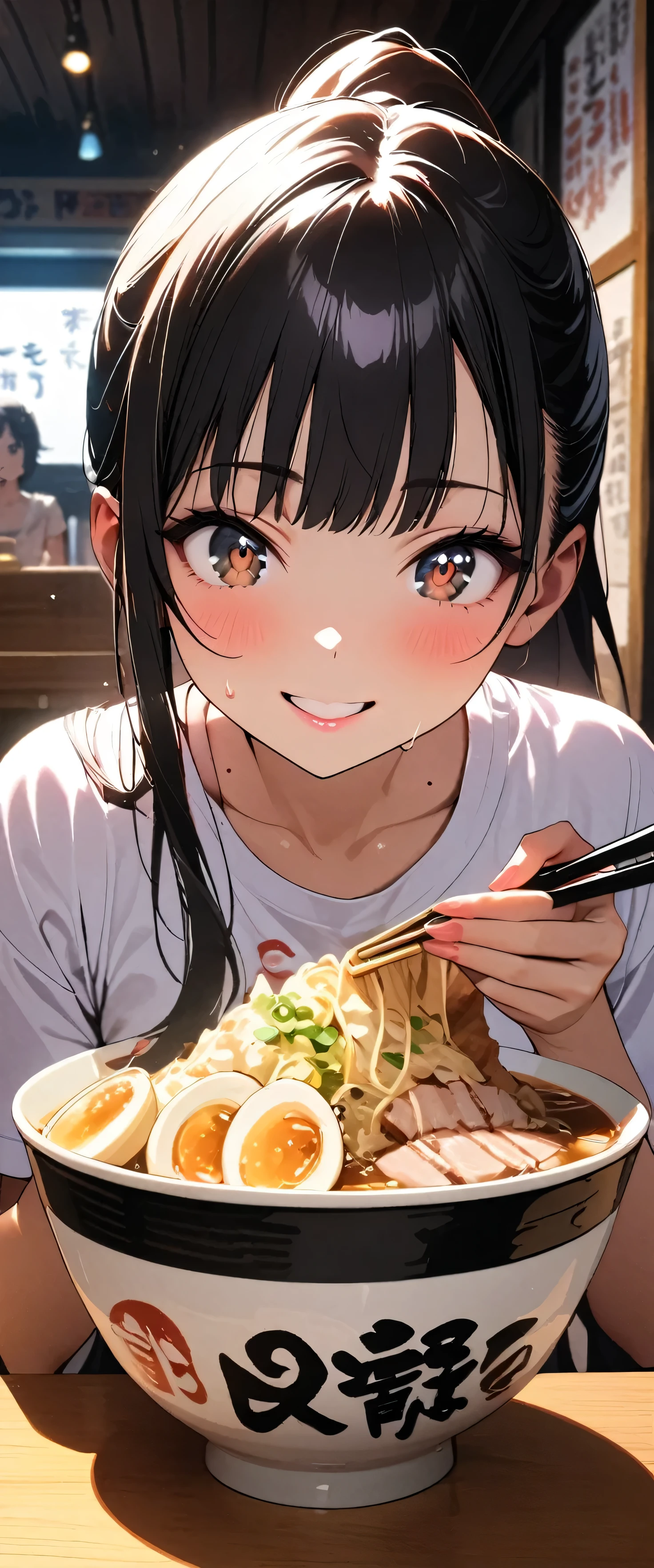 (beautiful girl: 1.3),masterpiece,Please redeem,Ultra-high resolution,Rich contrast,Very high quality,8k,Highly detailed CG unit wallpaper,Texture,So ridiculous,RAW Photos,Please redeem anime,Depth of written boundary 1.2,ultra-detailed eyes,Glowing Skin,Glitter Effect,Beautiful glossy lips,Yamada Anna,dark blue hair,brown eyes,long hair,sidelocks,mole on neck,A mother,clothes writing,Ramen shop,(sweat),Eat ramen,(ponytail),jirou,smile,chopsticks.(From above)