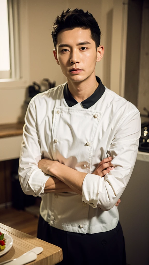 1st son, mature,  I have a nice thing , Upper body,  black short curly hair,  black chef outfit , chef, large kitchen , Expressionless, Confident expression with arms crossed