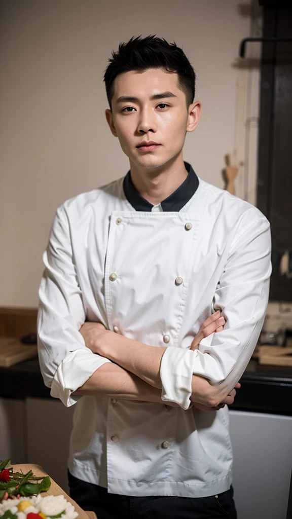 1st son, 25 years old,  I have a nice thing , Upper body,  black short curly hair, chef, 검은색 chef복, chef, large kitchen , Expressionless,  confident expression with arms crossed, Muscular