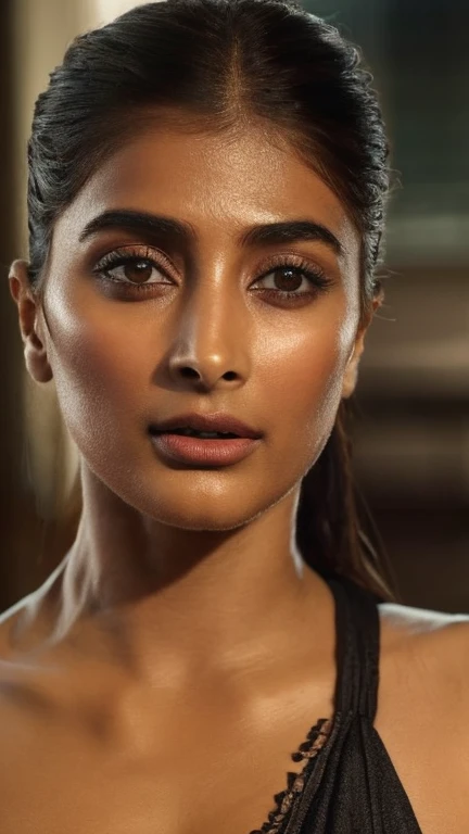  Close up body photo of  ( Pooja Hegde ) in Hellblade: Senua's Seductress, in bedroom, long free hair, showing cleavafs and navel,sexy expression, dirty face, finely detailed eyes, moody, bikini epic scene, epic composition, Photography, Cinematic Lighting,  . 35mm photograph, film, bokeh, professional, ((highly detailed, looking at viewer))