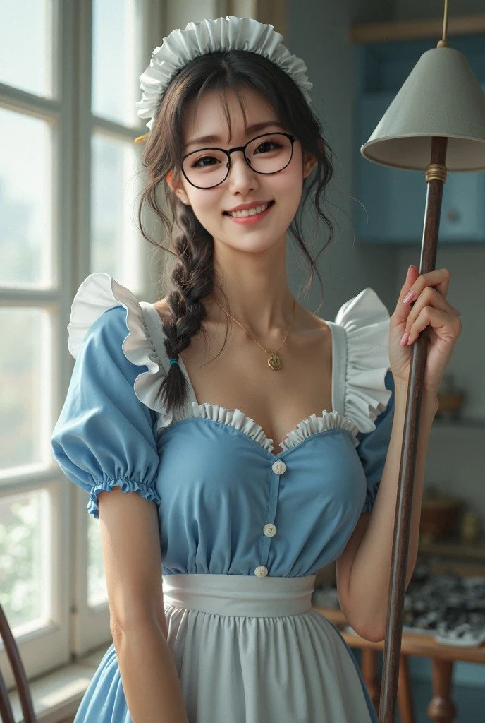 Best Quality、masterpiece、High sensitivity、High resolution、Detailed Description、Delicate facial depiction、Slender woman、Smiling face、Blue maid outfit、mop hanger 、