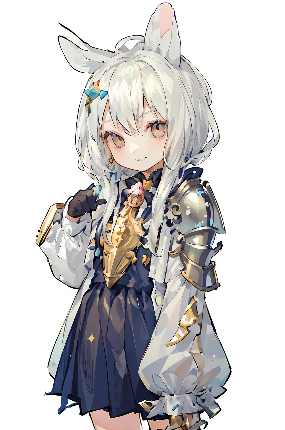 ((masterpiece)), accurate, textured skin, ((super detail)), high quality, high details, highres, best quality, chibi, knight, girl, white hair, light smile, Smug face:1.2, steel armor, 2 heads, deformed character, rabbit ears