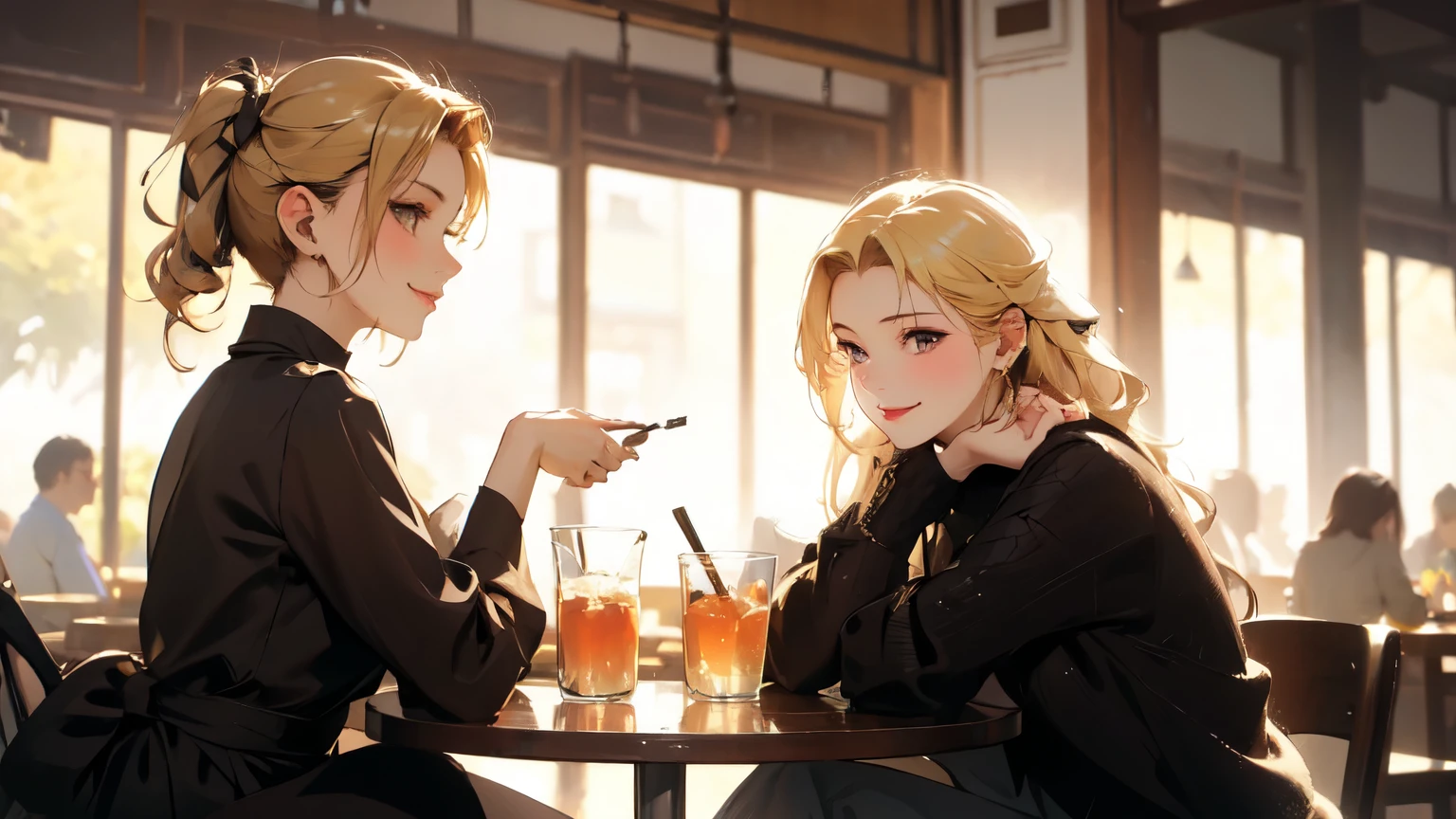 A woman sitting outside at a café table. She is wearing a ((white tank top and blue denim shorts)). Her blonde hair is tied back in a high ponytail, and she is wearing large black sunglasses. In front of her on the table is a large yellow cup with a green drink, possibly a matcha latte, decorated with latte art. There are also several glass cups on the table, one of which contains a drink with a slice of lemon, a metal holder for cutlery, and a smartphone. In the background, there is greenery and part of a building with white window frames. The woman is looking directly at the camera with a slight smile on her face. The atmosphere is calm and cozy, highlighting a relaxed setting., chiaroscuro, depth of field, cinematic lighting, sparkle, god rays, ray tracing, stereogram, multiple views, Canon, UHD, retina, masterpiece, accurate, anatomically correct, textured skin, super detail, high details, high quality, award winning, best quality, highres, 1080P, HD, 4K, 8k, 16k
