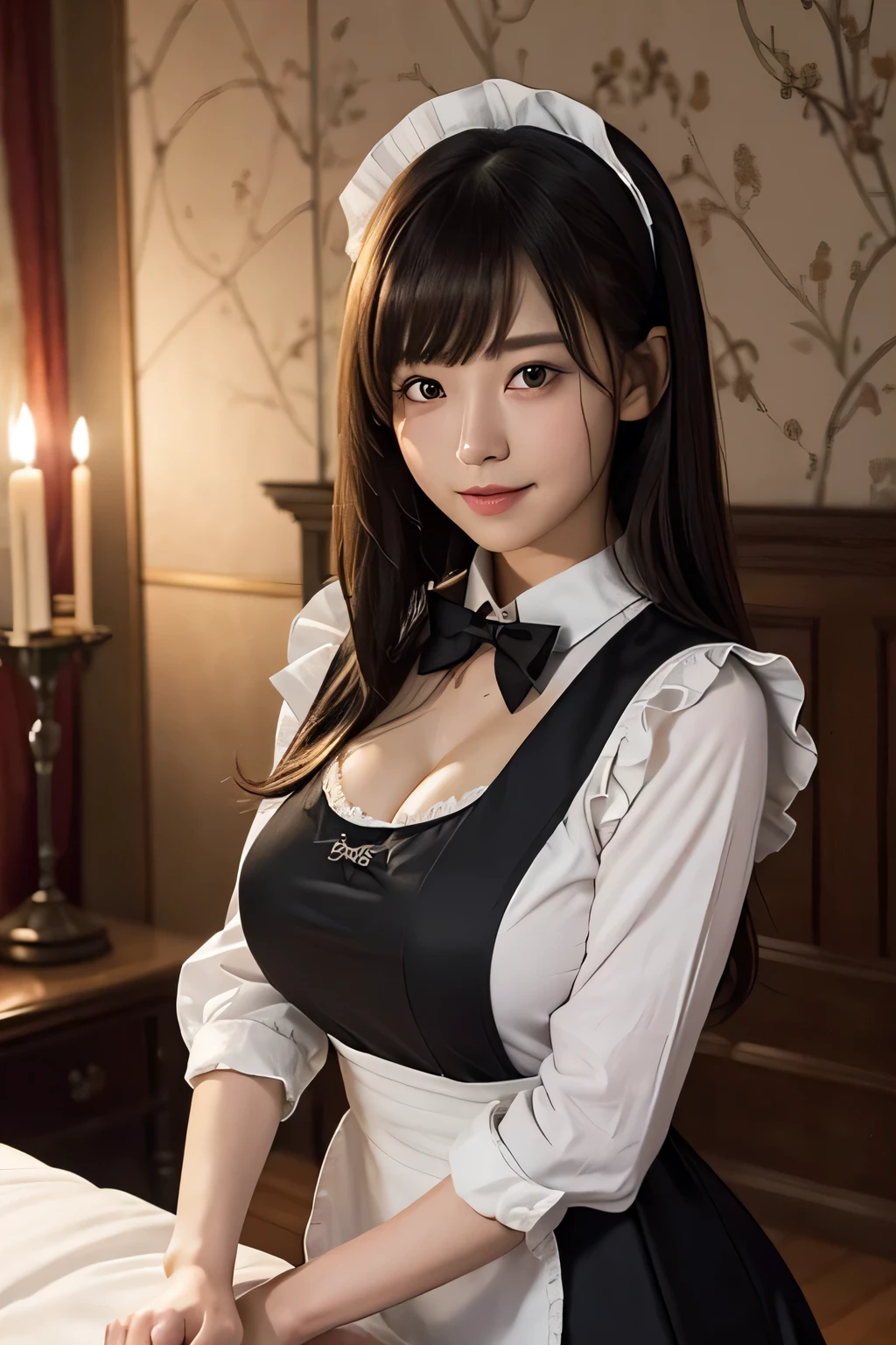 masterpiece、Best Quality,  very detailed、Ultra-realistic、8k 、wallpaper, Professional Lighting、Beautiful gradation、whole body、Japanese,Adult female, her 30s、Medium Hair, Light brown hair、Disheveled Hair, Asymmetrical bangs, chest is open, Beautiful breasts、Natural skin texture、((Black maid outfit))、black bowtie、 White headband, Dimly lit room,old haunted mansion, At night, Lying in bed、Candlelight illuminating the room、Satanic Wallpaper、Devil's Shadow、Blurred background、Look at the audience and smile