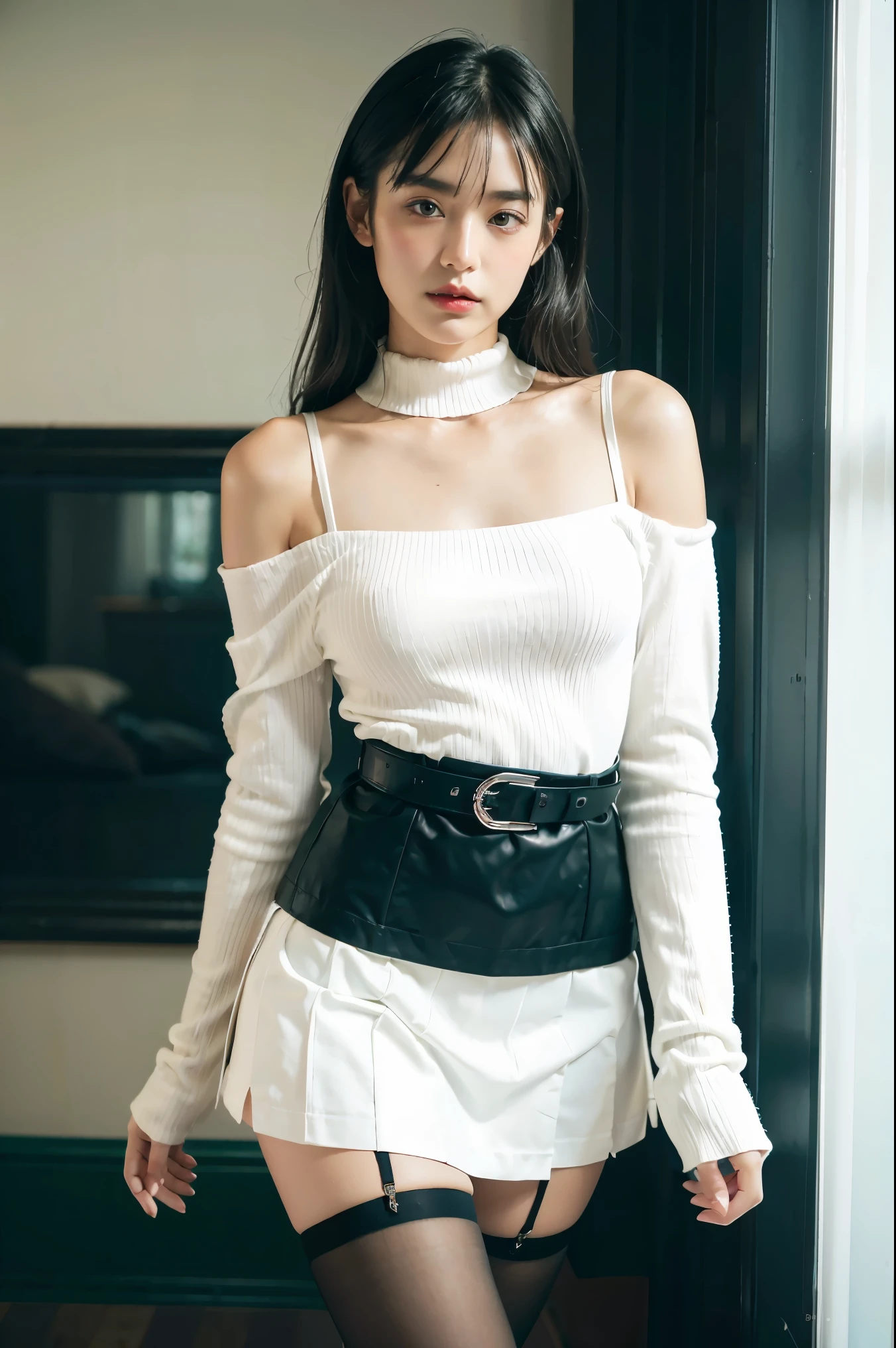 black suspender undershirt (long sleeves, bare shoulders, open waist), white miniskirt, belt at waist, light green high boots, sexy, open waist, long legs, rich details, masterpiece, superlative, realistic, HD, photographic lighting, 16k