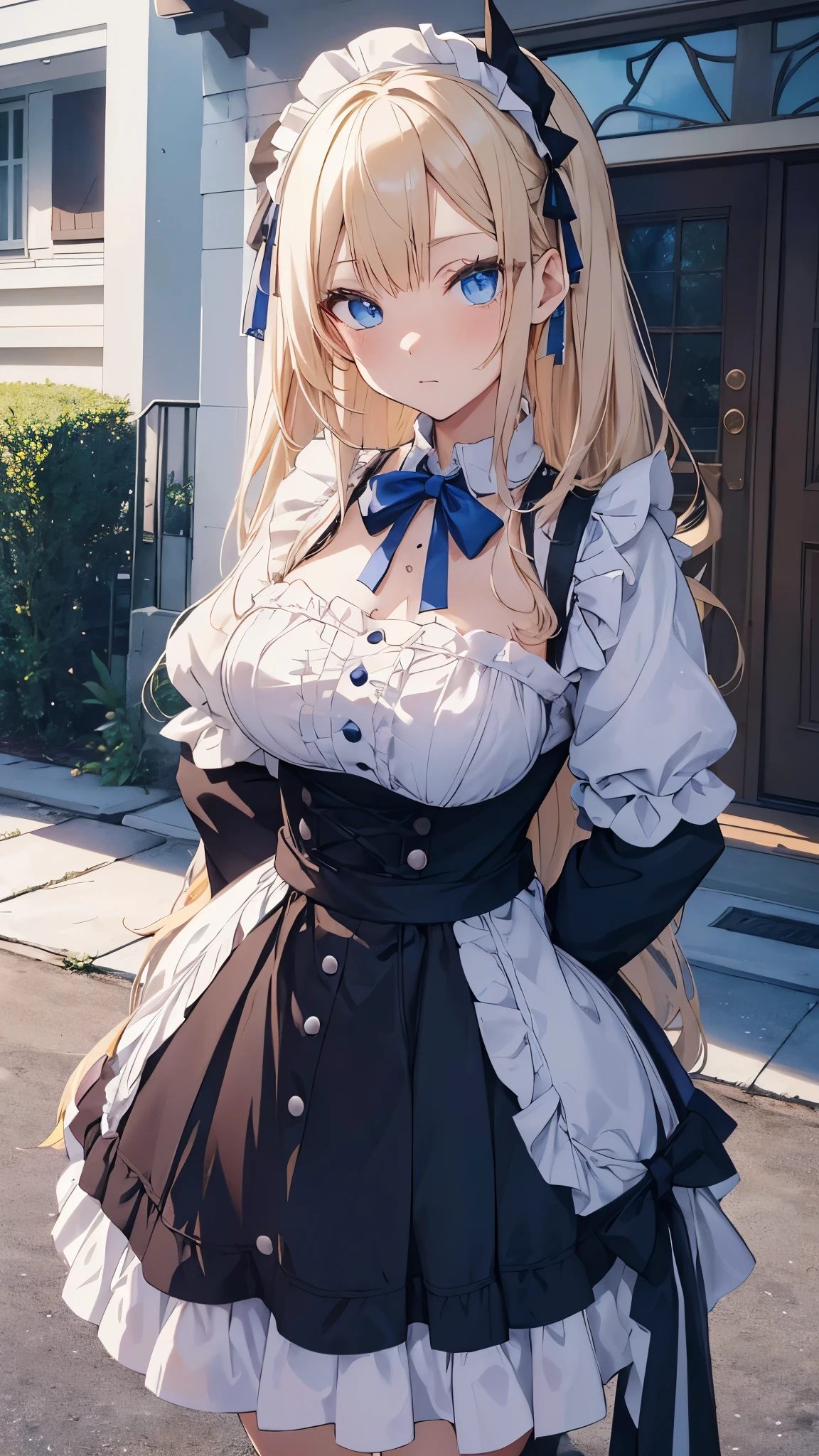 ((highest quality、High resolution、8K、masterpiece:1.3))、dynamic angle、I can see the whole body、wallpaper、1 girl、unparalleled beauty、ultimate beauty、super detailed face、delicate eyes、smile shyly、sexy look、(I'm tempting)、looking at the camera、Depth of bounds written、light particles、side light、long hair、blonde、maid、宝石で装飾されたmaid服、(Lifting the skirt with both hands)、((Her skirt is flipped up and her pussy is exposed.、She shyly lifts up her skirt and shows her pussy.))、love juice、Open chest、big breasts、cleavage、Thighhighs、thighs、slim、slender、Old castle at night