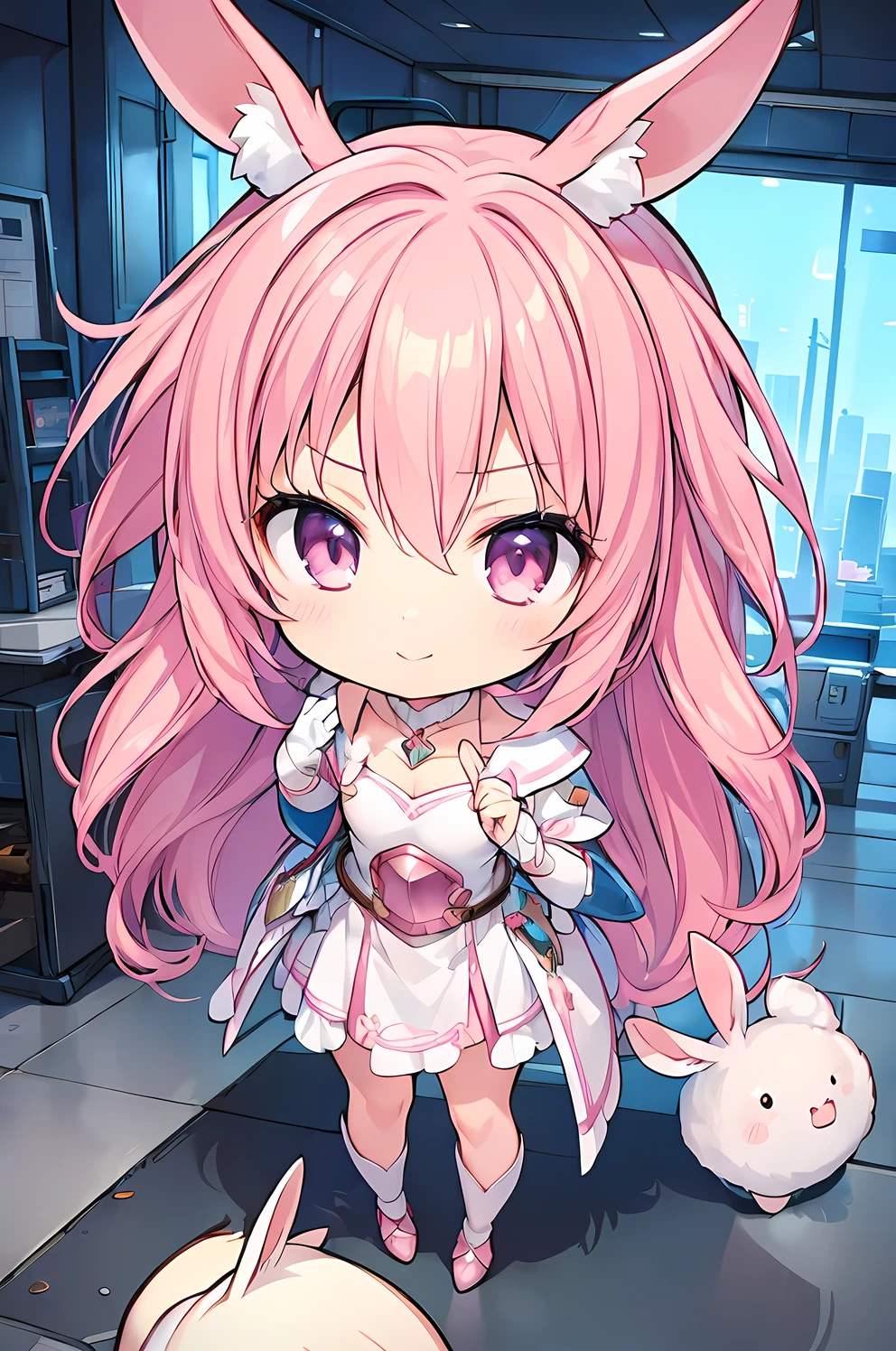 ((masterpiece)), accurate, textured skin, ((super detail)), high quality, high details, highres, best quality, chibi, knight, girl, pink hair, light smile, Smug face:1.2, steel armor, 2 heads, deformed character, rabbit ears