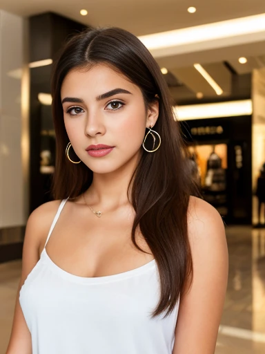 Image in 8k or higher of a woman,  Spanish teenage woman, camisole, low neckline, mall interior background, earrings 