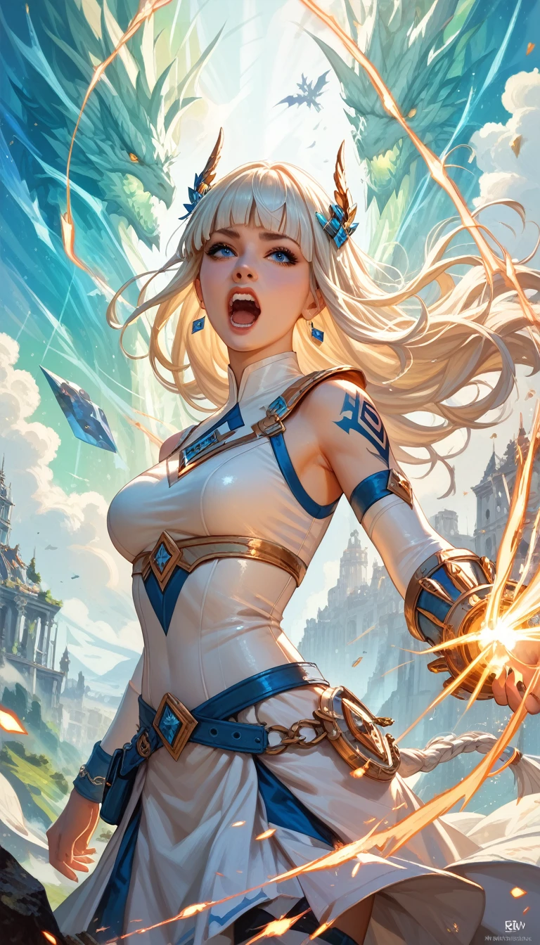 1girl,Super model, diamond hair and blue eyes,blunt bangs，surrounded by swirling energy, White clothes with dragon tattoo design, open and screaming, Fierce battles with enemies, Scenery of heaven and earth, dynamic lighting, masterpiece, best quality , very aesthetic