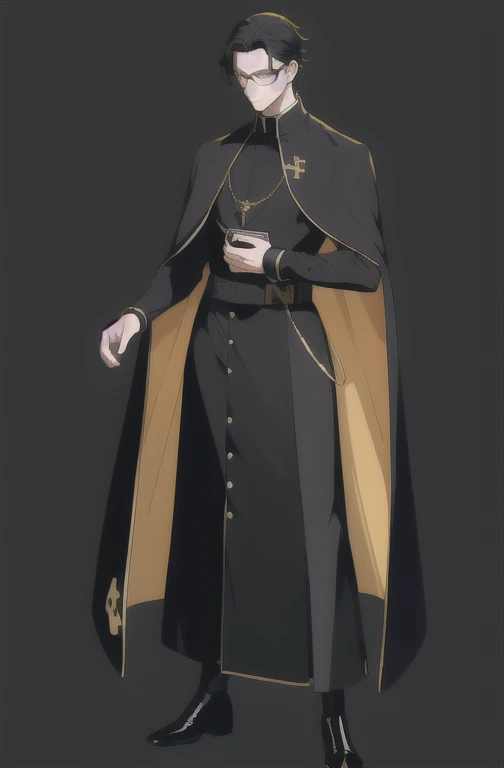 (masterpiece, ultra-detailed, high resolution, best quality:1.2), (Anime, Full body, Standing, Simple background, Solid background), (male, man, muscular, priest, glasses, gold button, cassock), He wears a black Priest-style outfit. The outfit has gold buttons, a cross pendant around his neck, his hair is parted to the side, Her hair color is black.