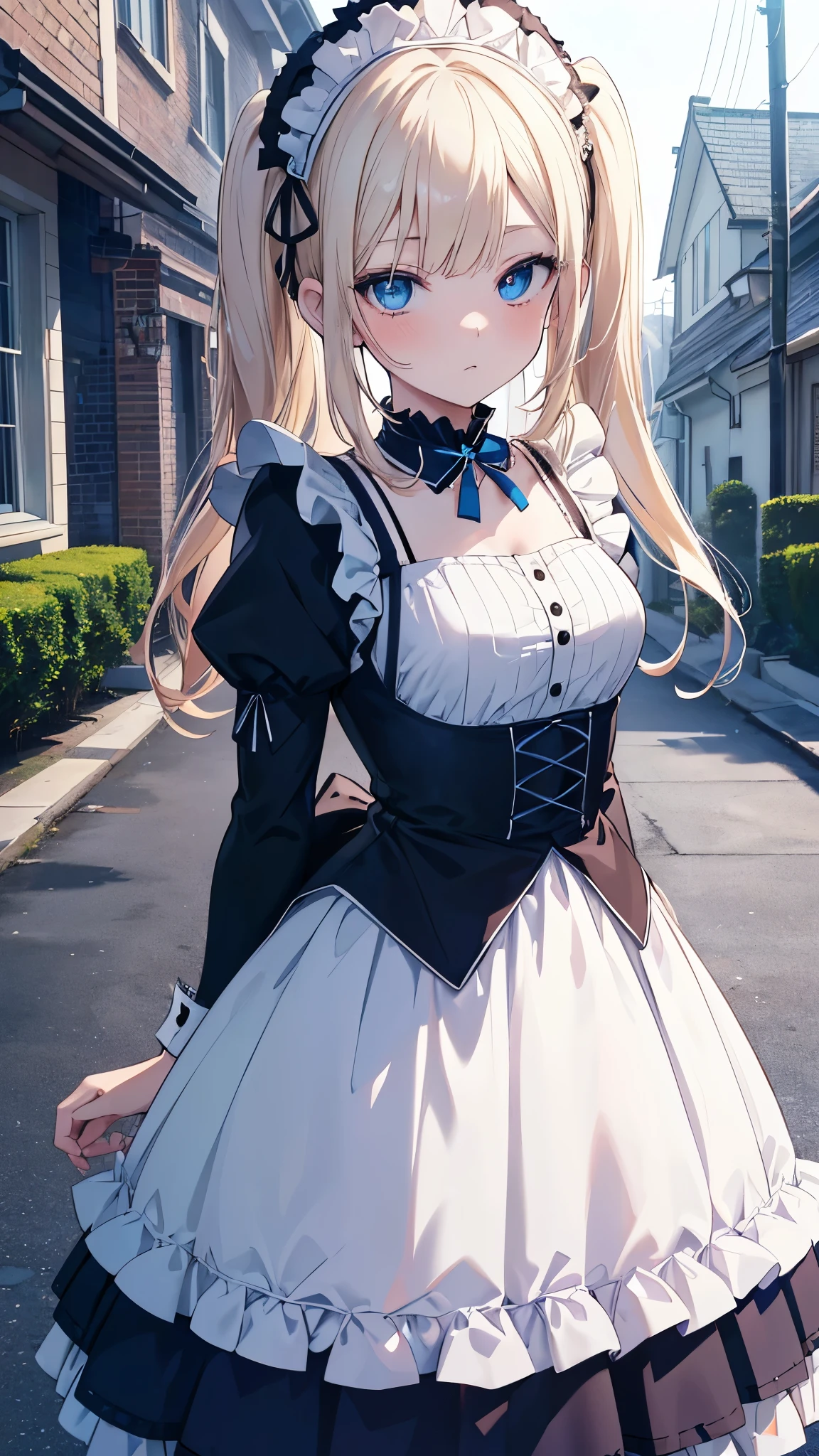 masterpiece, best quality, hasegawa kobato, flat chest, blonde hair, twintails, long hair, heterochromia, , (petite),
 dress, lolirband, lolita drepen clothes), (clothes lift), nipples show offe, :o, standing, park,