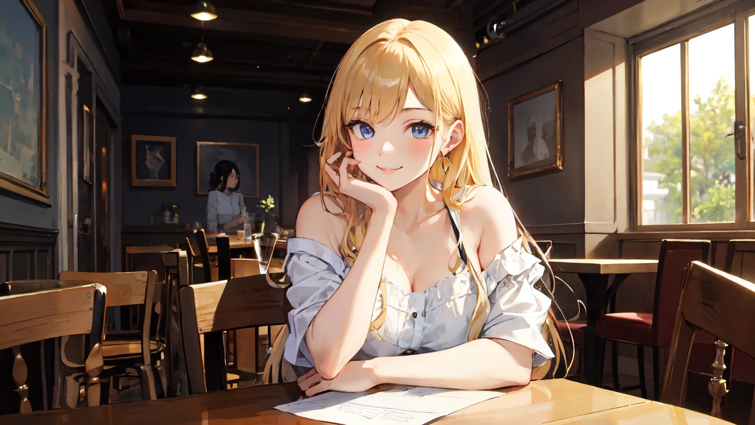 hand on own chest、looking up, Upper Body, Realistic, real person, (pale skin: 1.2), RAW photo, photorealistic, shiny skin, shiny hair、(A 25-year-old woman with medium-length hair and bangs) and (wavy hair) and (Blonde Hair) and (green eyes) , (white) and (off shoulder blouse) 、smile, (blush:1.5), The background is the interior of a restaurant at night.、Alone、Are standing